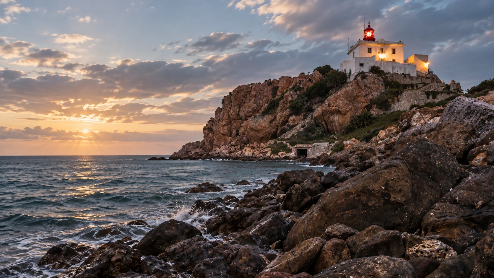 Illustration assistée par IA : Phare de Ras El Afia dominant le promontoire rocheux et la mer près de Jijel