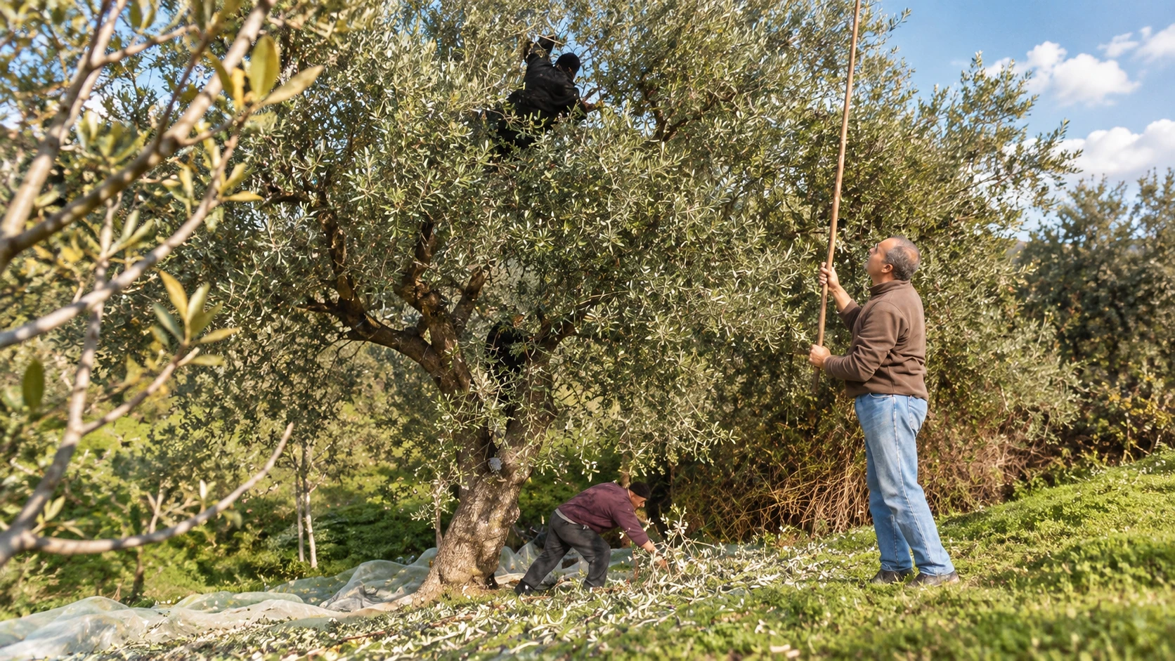 Illustration assistée par IA : Trois personnes récoltent des olives autour d’un olivier à Takhlicht, Fenaïa Ilmaten, dans la wilaya de Béjaïa.