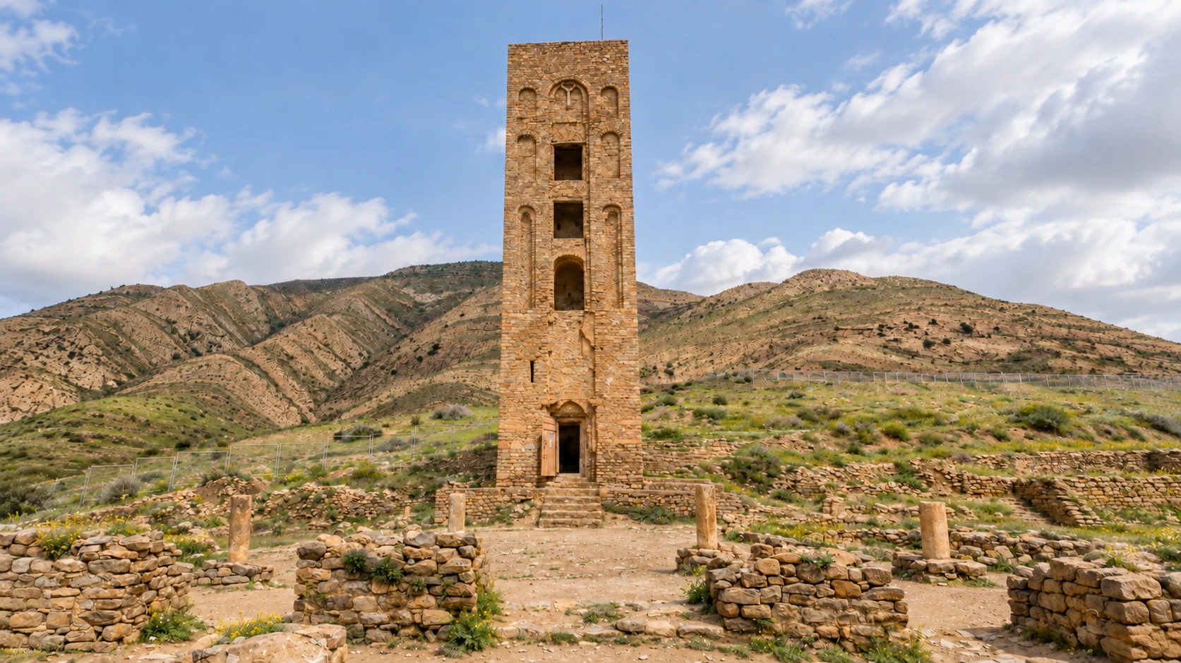 Illustration assistée par IA : Minaret de la Kalâa des Béni Hammad parmi les vestiges de pierre, devant les collines