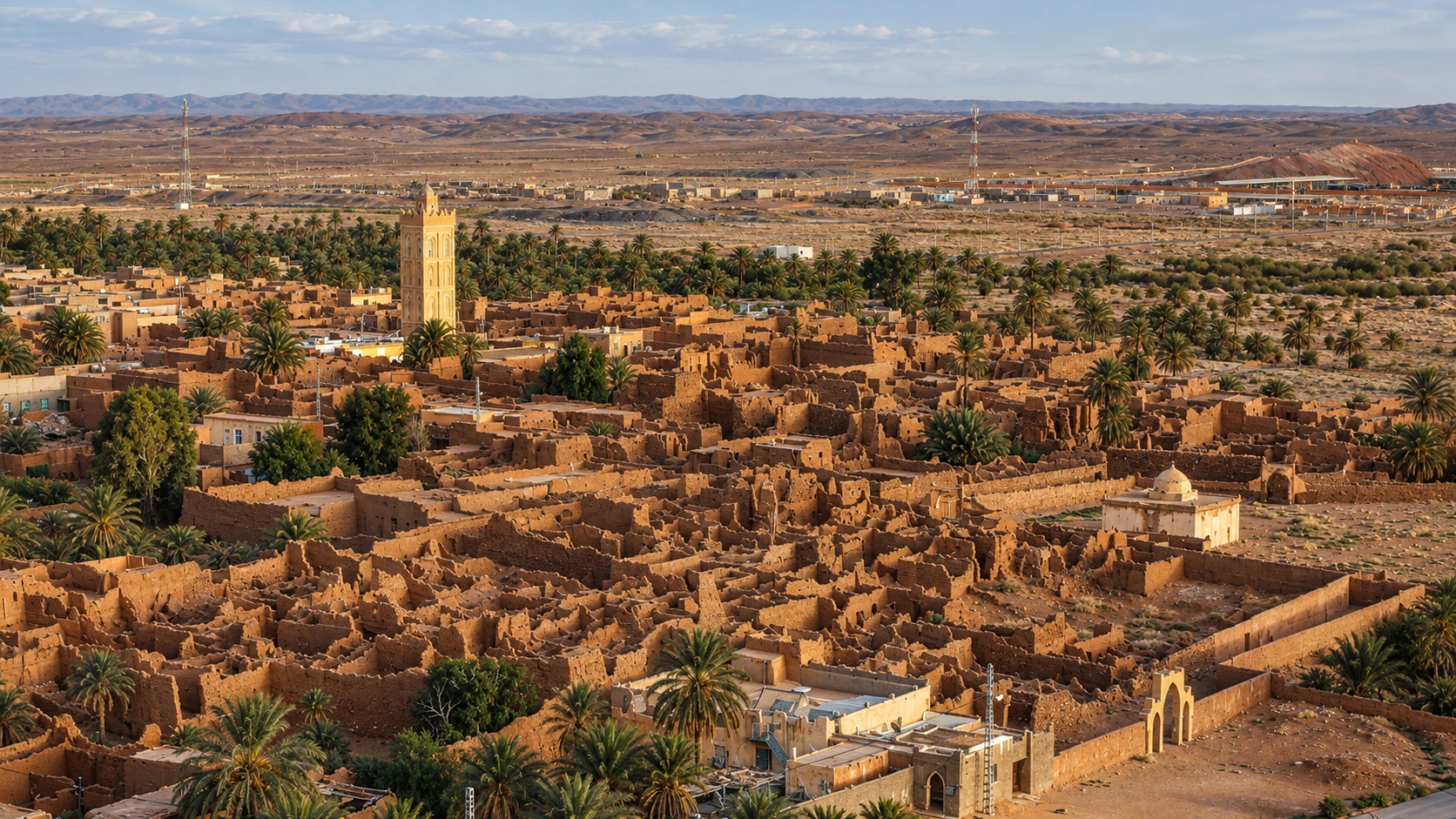 Illustration assistée par IA : Le ksar en terre de Kenadsa, ses ruines, son minaret et sa palmeraie devant le plateau désertique