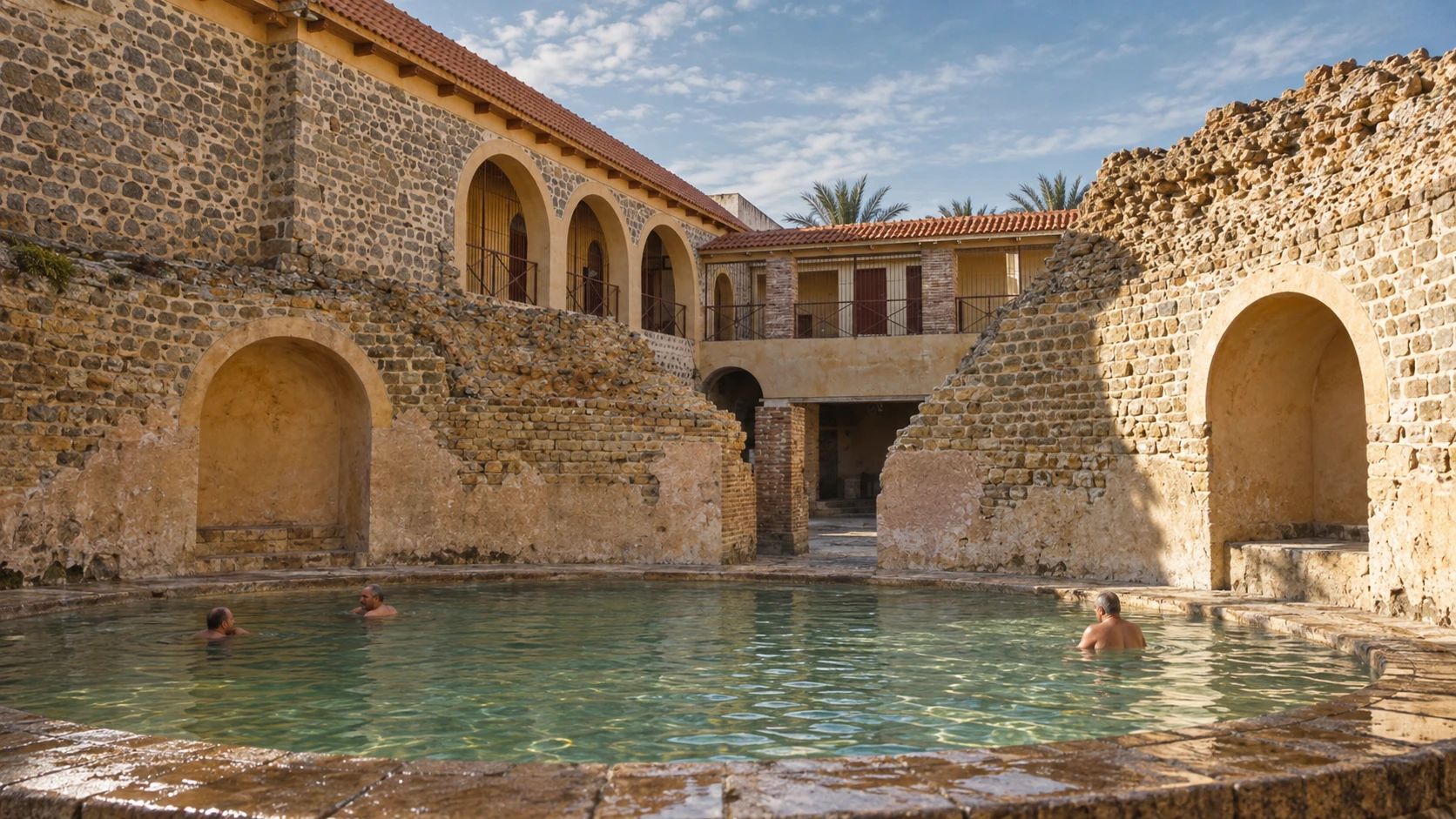 Illustration assistée par IA : Le bassin circulaire des thermes antiques de Hammam Essalihine, près de Khenchela, entouré de murs de pierre et d'arcades