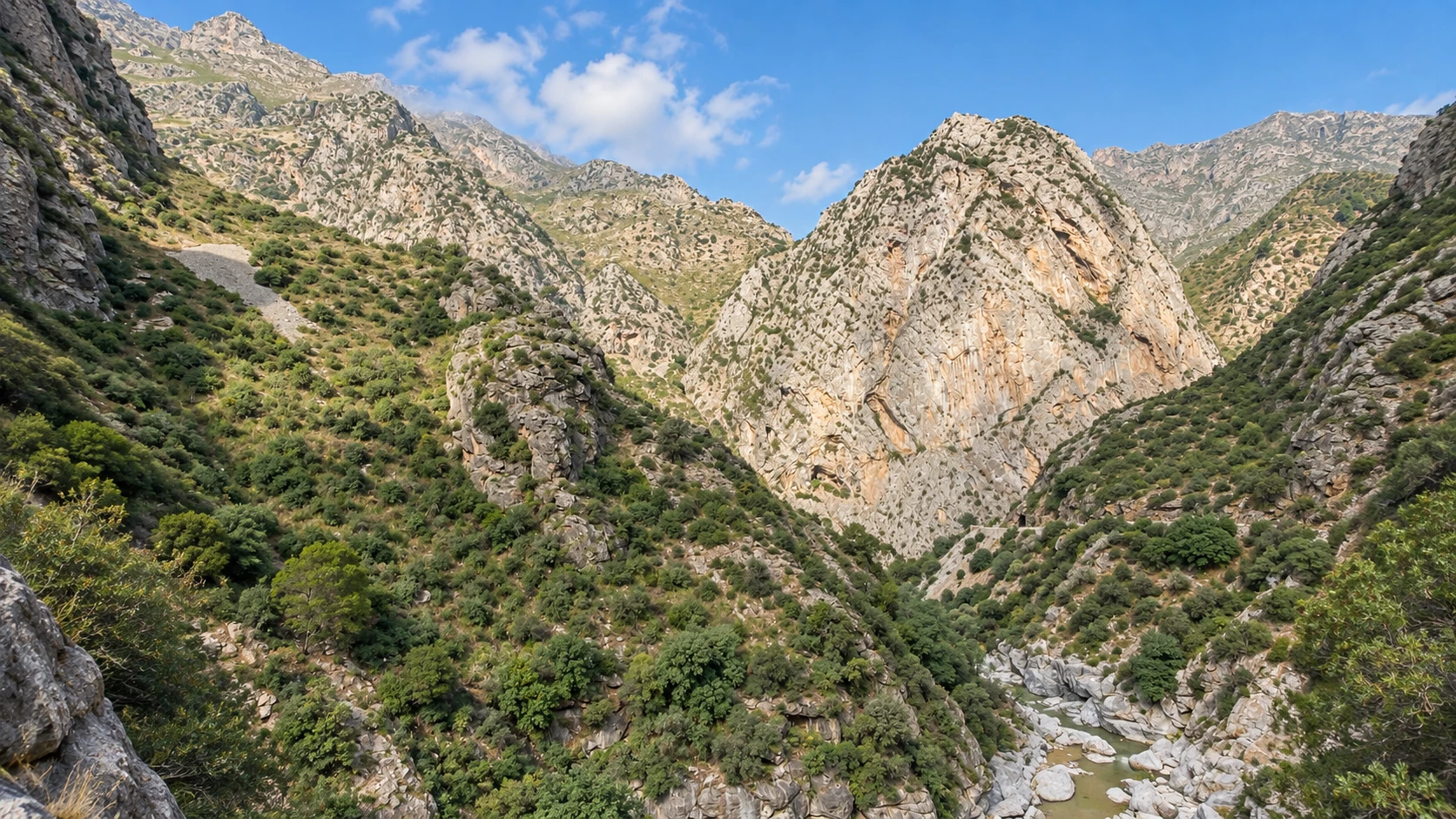 Illustration assistée par IA : Parois rocheuses et végétation au-dessus du cours d’eau dans les gorges de Kherrata.