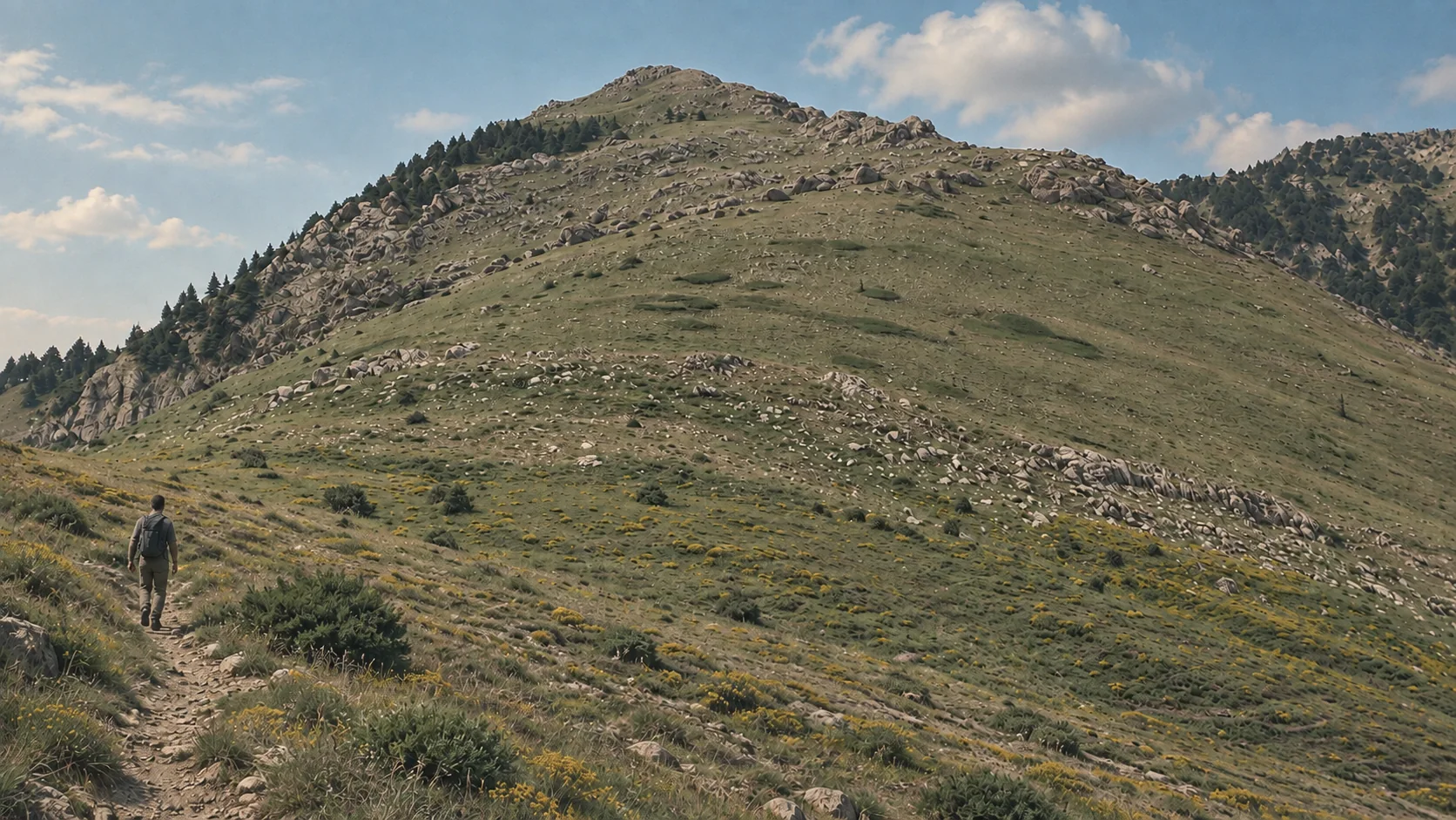 Un marcheur sur un sentier herbeux à l'approche de Lalla Khedidja, dans le Djurdjura.