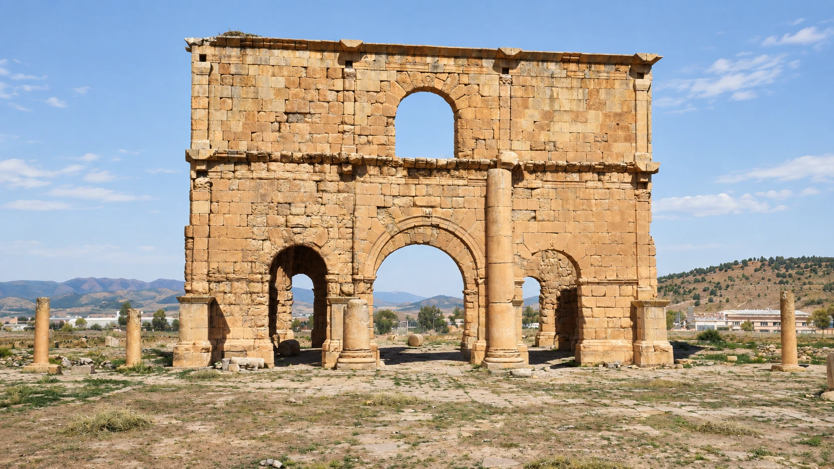 Illustration assistée par IA : La façade nord du praetorium de Lambèse, avec ses arcades et ses colonnes conservées.