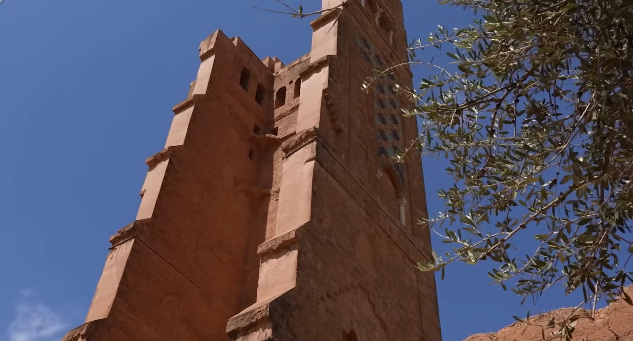 Le minaret de la mosquée de Mansourah à Tlemcen, vu en contre-plongée derrière des branches d’olivier.
