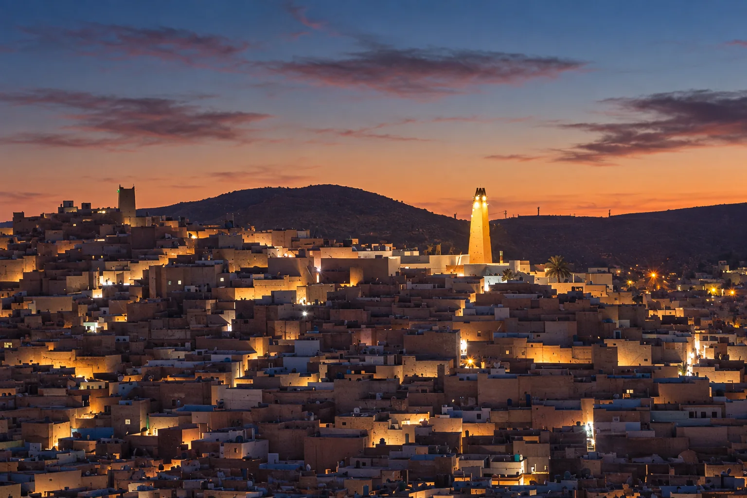 Le ksar de Béni Isguen illuminé au crépuscule, avec son minaret au centre.