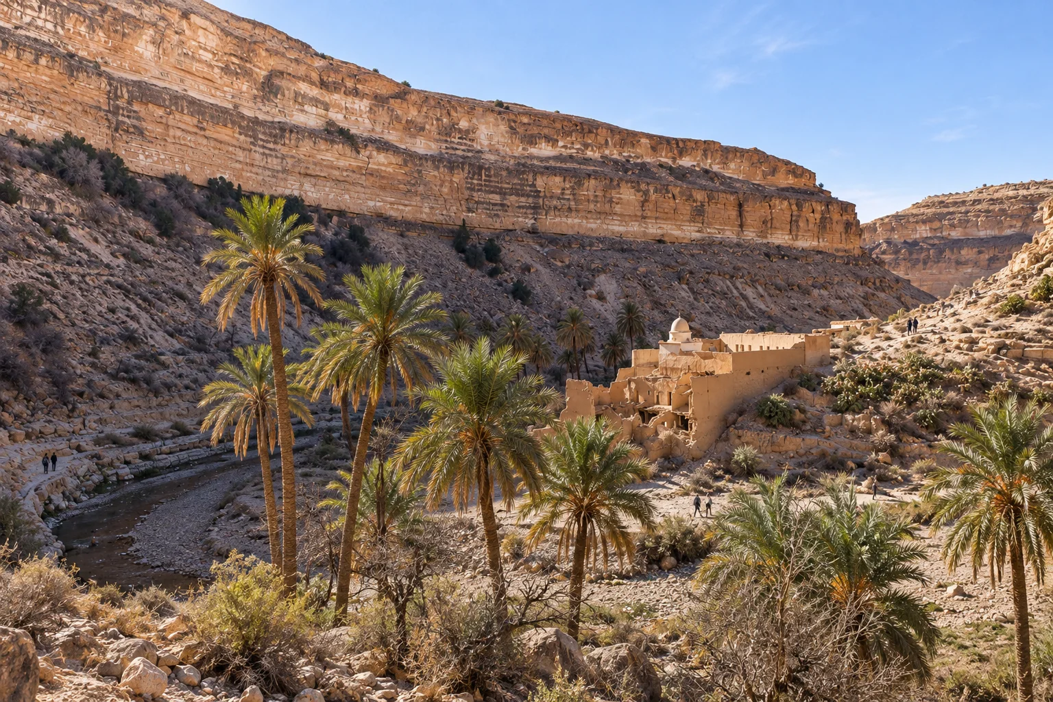 La petite mosquée en ruine parmi les palmiers, au fond des gorges du Ghoufi.