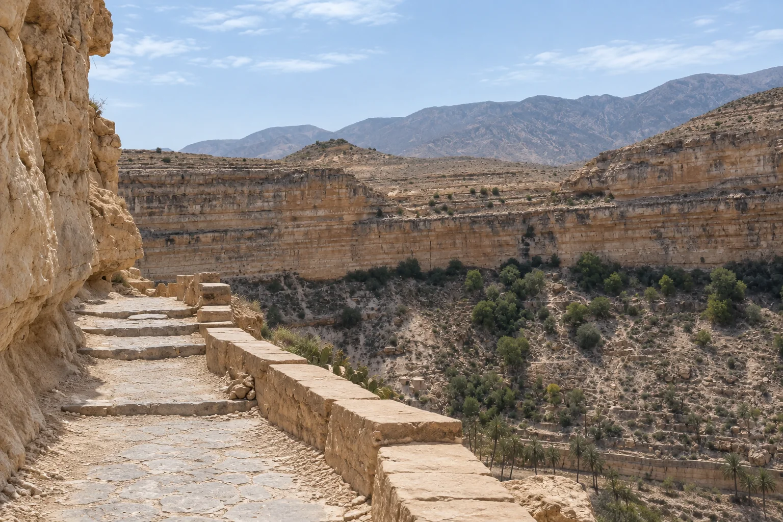 Vue du chemin de pierre et de son petit parapet lors de la descente vers l’oasis du Ghoufi.