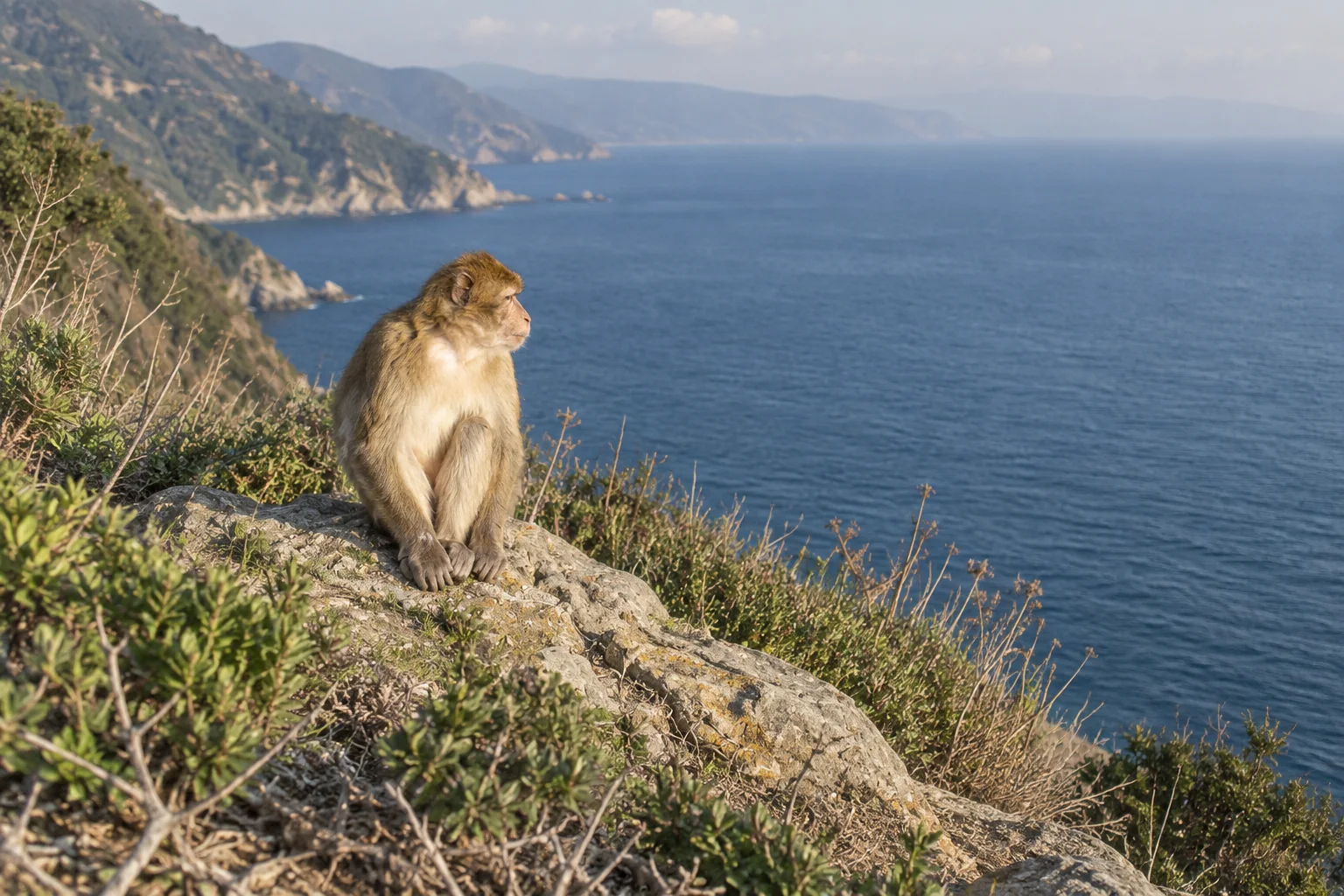 Un macaque berbère posé sur un rocher au-dessus de la mer dans le secteur de Taza, sur la Corniche jijelienne.