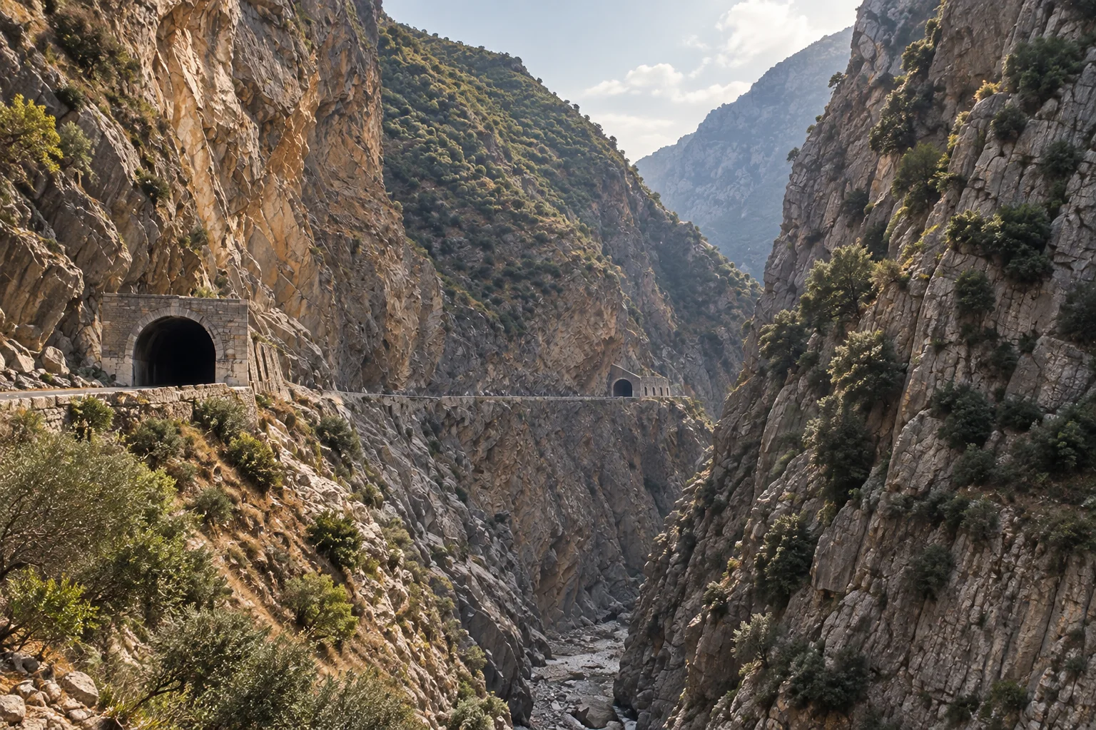 La route et les passages creusés dans les gorges de Kherrata.