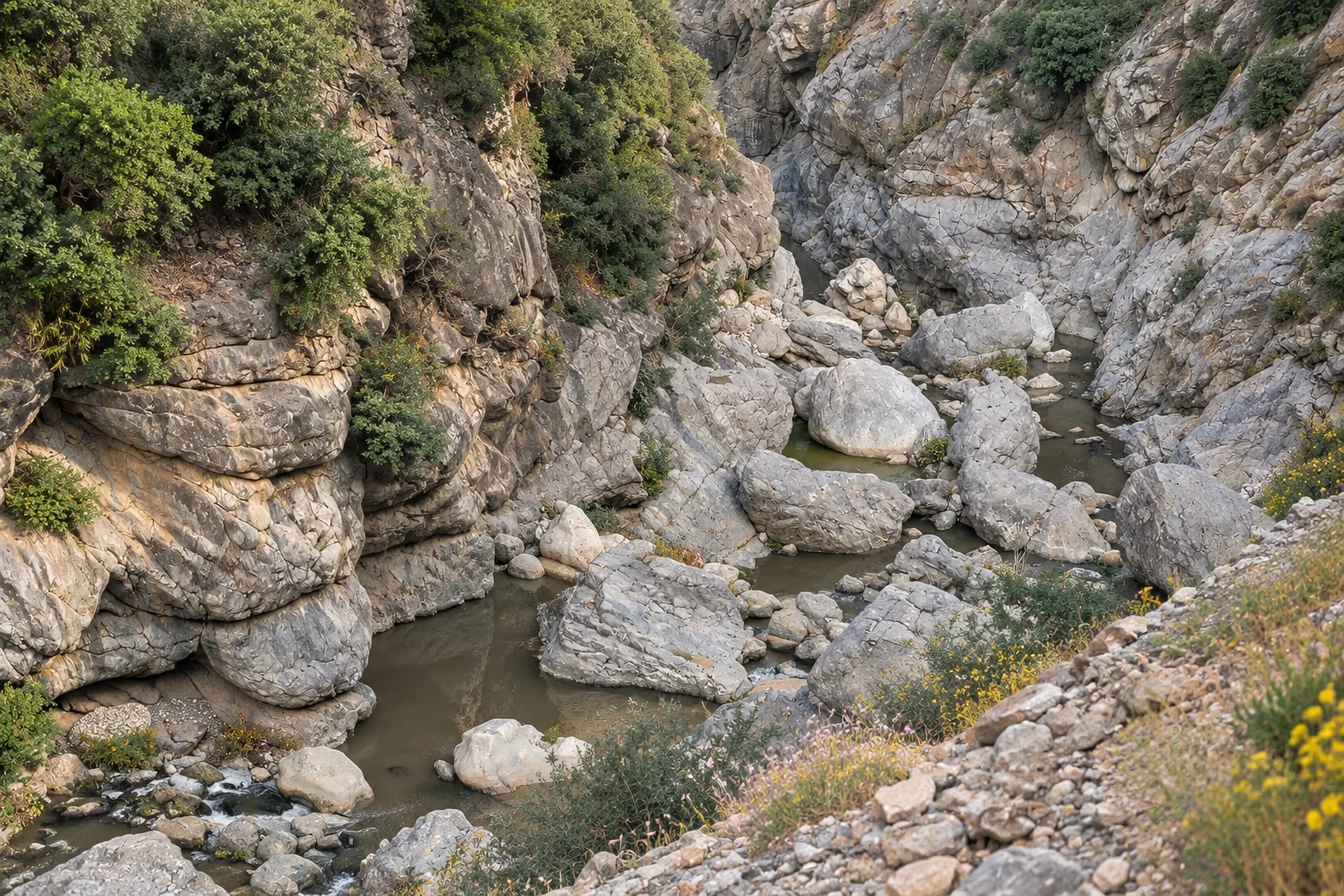 Vue du ravin rocheux et du mince cours d’eau au fond des gorges de Kherrata.
