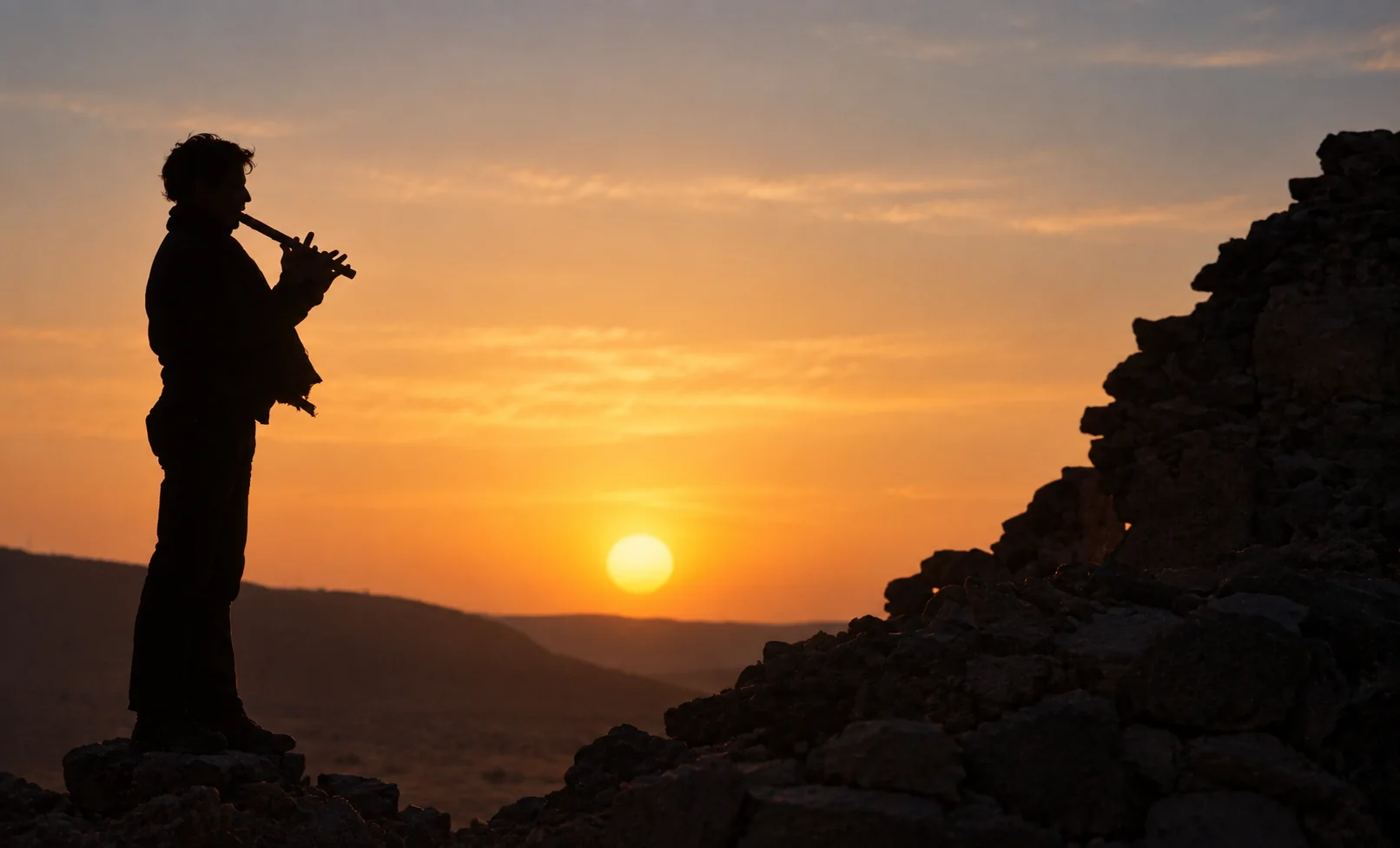 Un musicien en silhouette jouant de la flûte au coucher du soleil à Taghit.