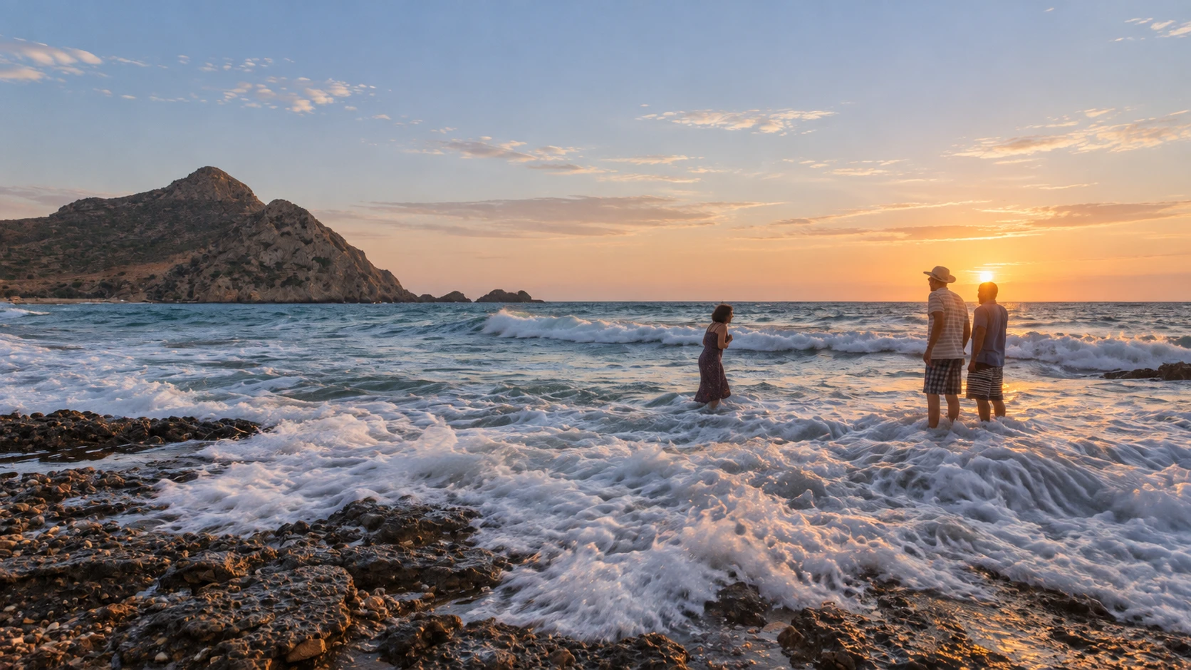Illustration assistée par IA : Vagues sur les rochers de Madagh au coucher du soleil, avec trois visiteurs face à la mer