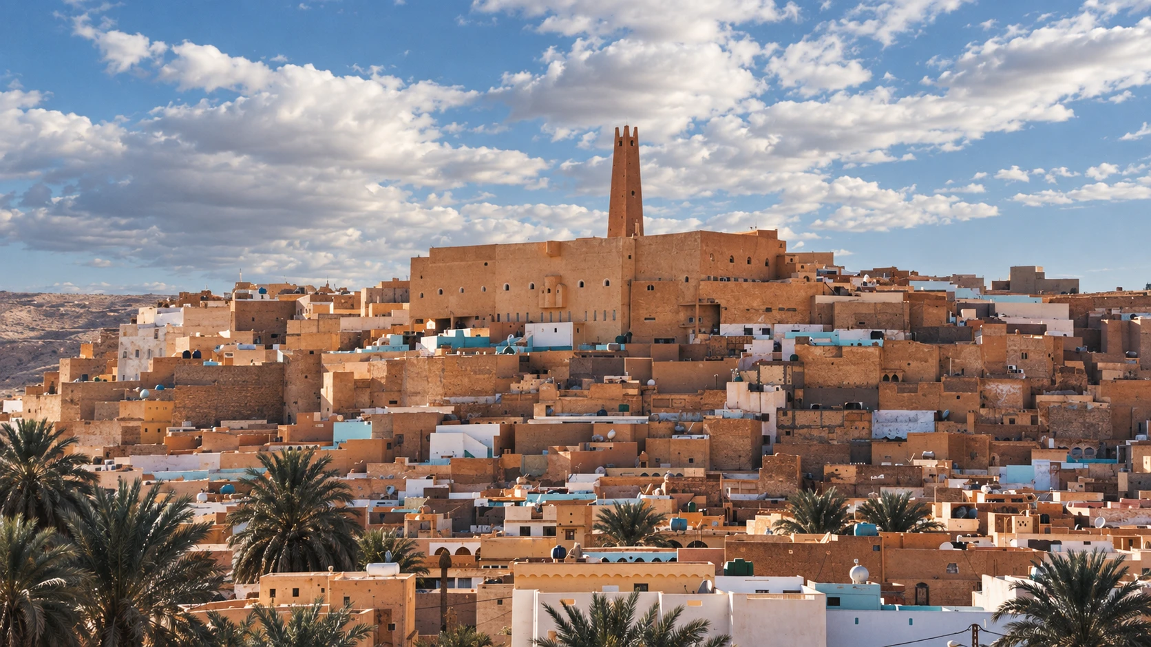 Illustration assistée par IA : Le ksar de Melika, sa mosquée et son minaret élancé au-dessus des maisons ocres étagées