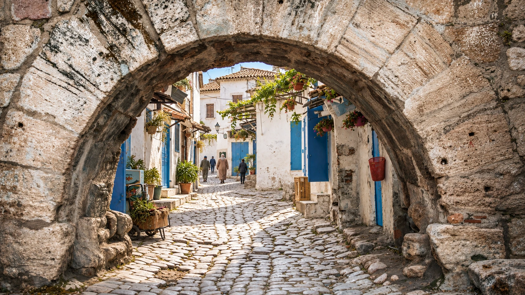 Illustration assistée par IA : Porte de l’ancienne Mila, identifiée dans la légende française de la photographie.