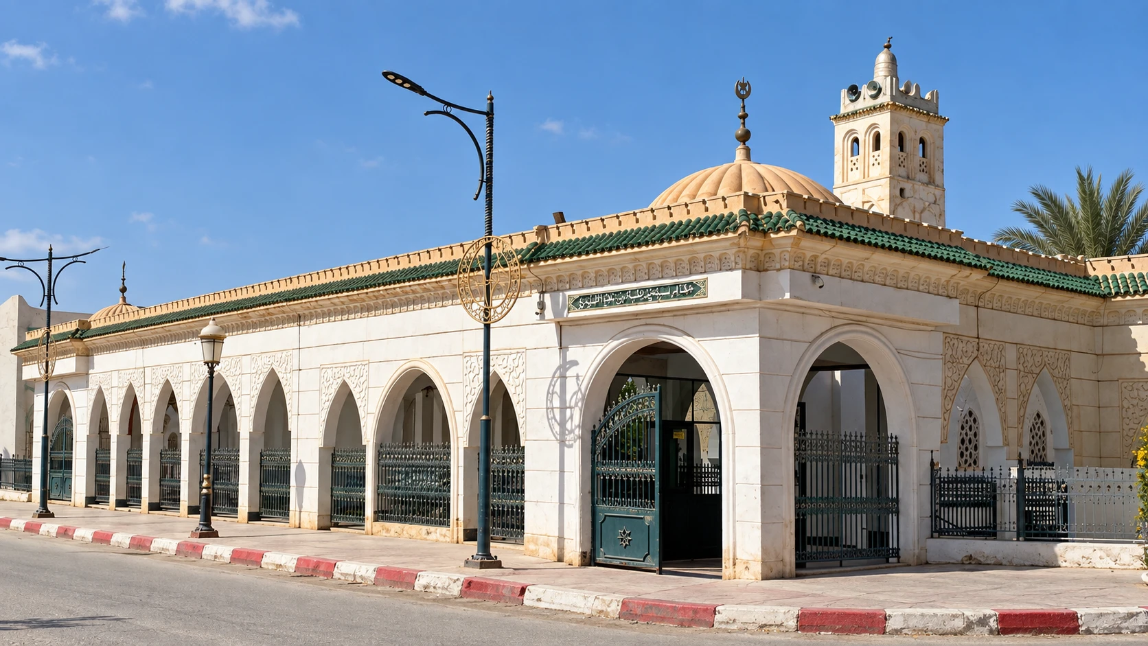Illustration assistée par IA : Les arcades claires, le dôme et le minaret de la mosquée Sidi Okba, près de Biskra