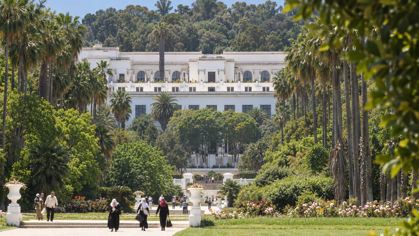 Illustration assistée par IA : Le musée national des Beaux-Arts d’Alger au bout des allées et des palmiers du Jardin d’Essai.