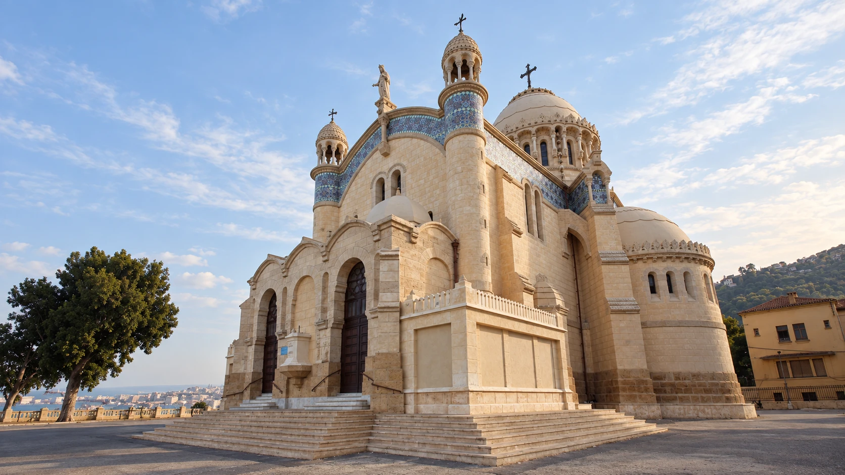Illustration assistée par IA : Basilique Notre-Dame d’Afrique à Alger, coupoles et frises bleues au-dessus du parvis