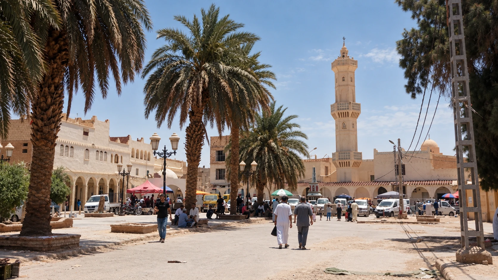 Illustration assistée par IA : Place du ksar de Ouargla avec minaret et palmiers