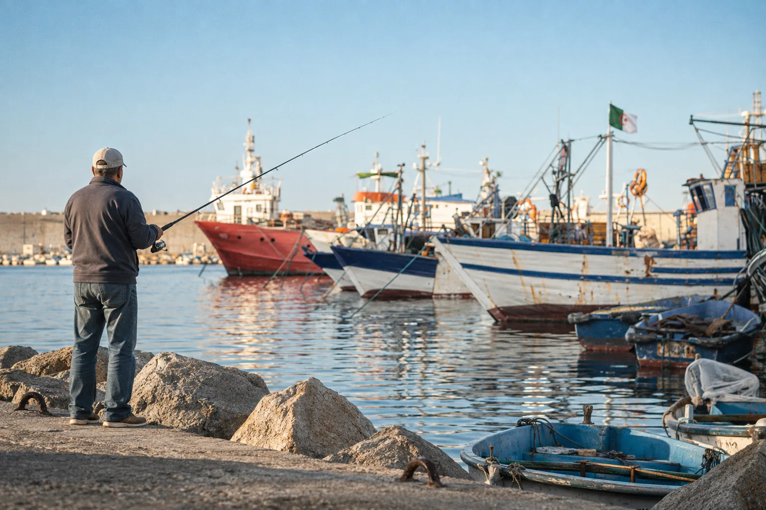 Une pêche à la ligne au bord du port de Collo.