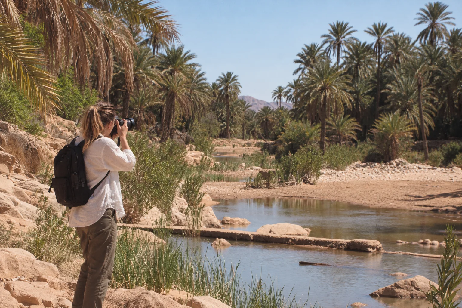 Une personne photographiant la palmeraie de Ghardaïa.