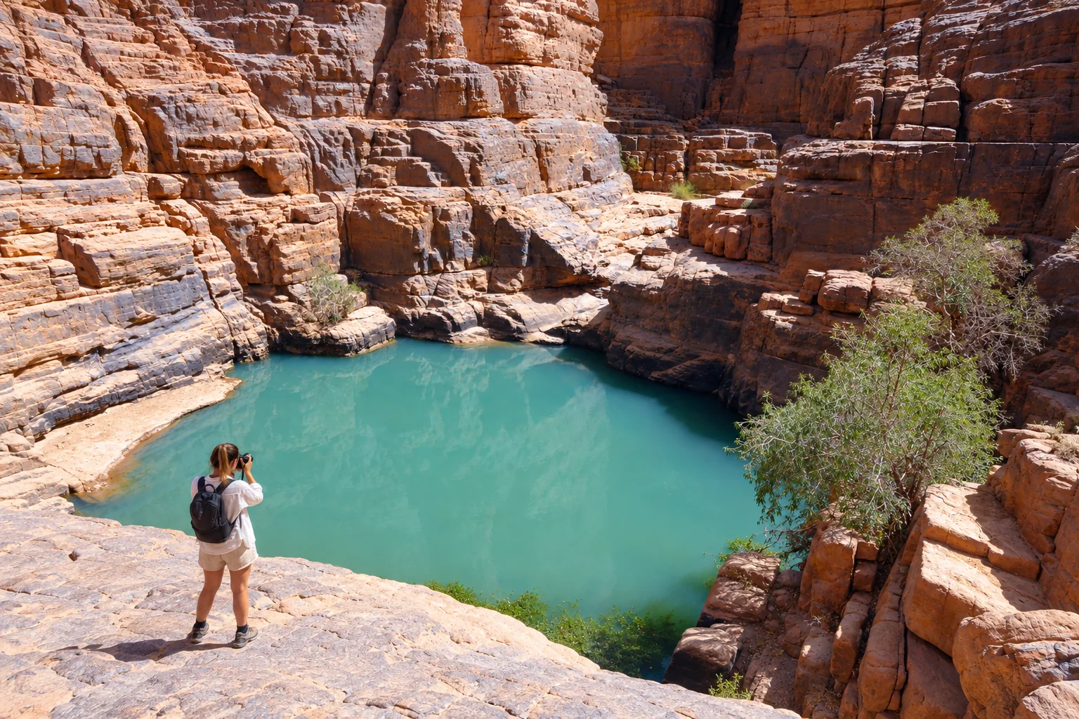 Une personne photographiant la guelta du canyon de Tikoubaouine.