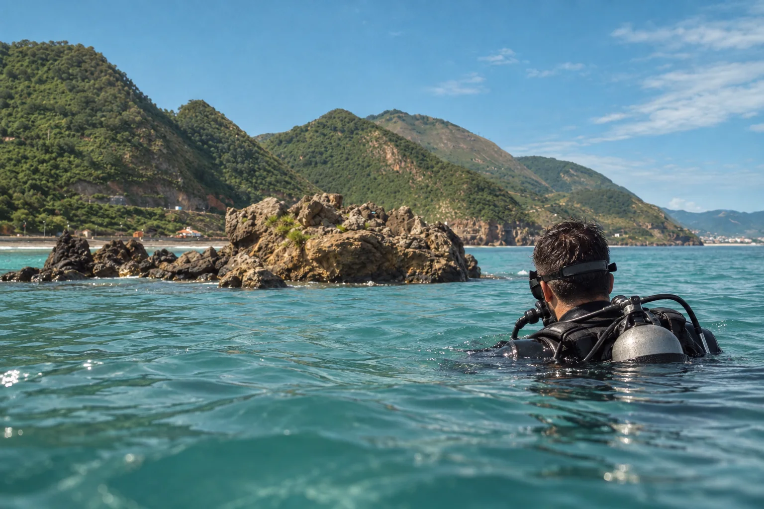 Un plongeur en surface devant une côte rocheuse de la corniche jijelienne.