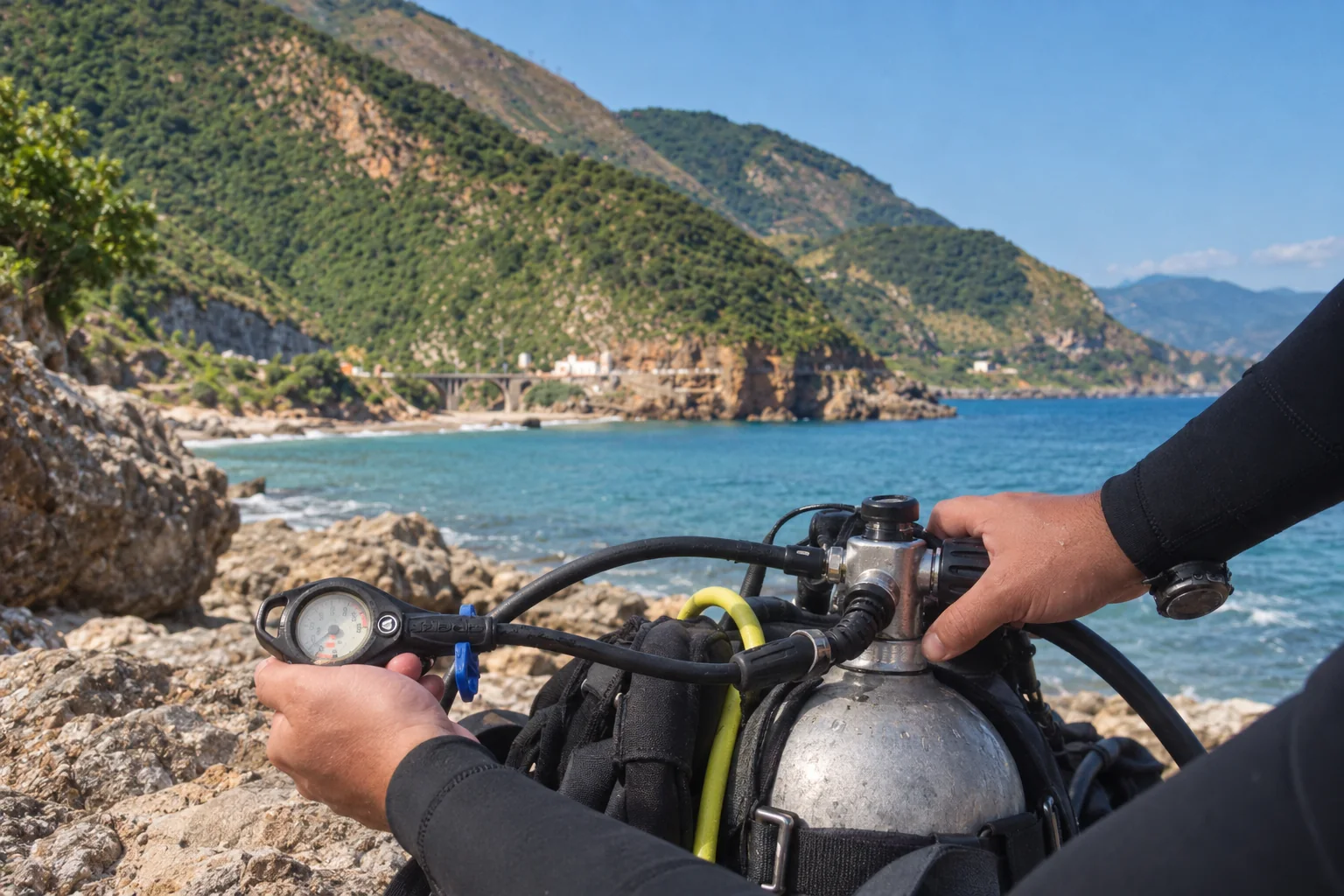 Une préparation de plongée devant la baie des Grottes merveilleuses sur la corniche jijelienne.