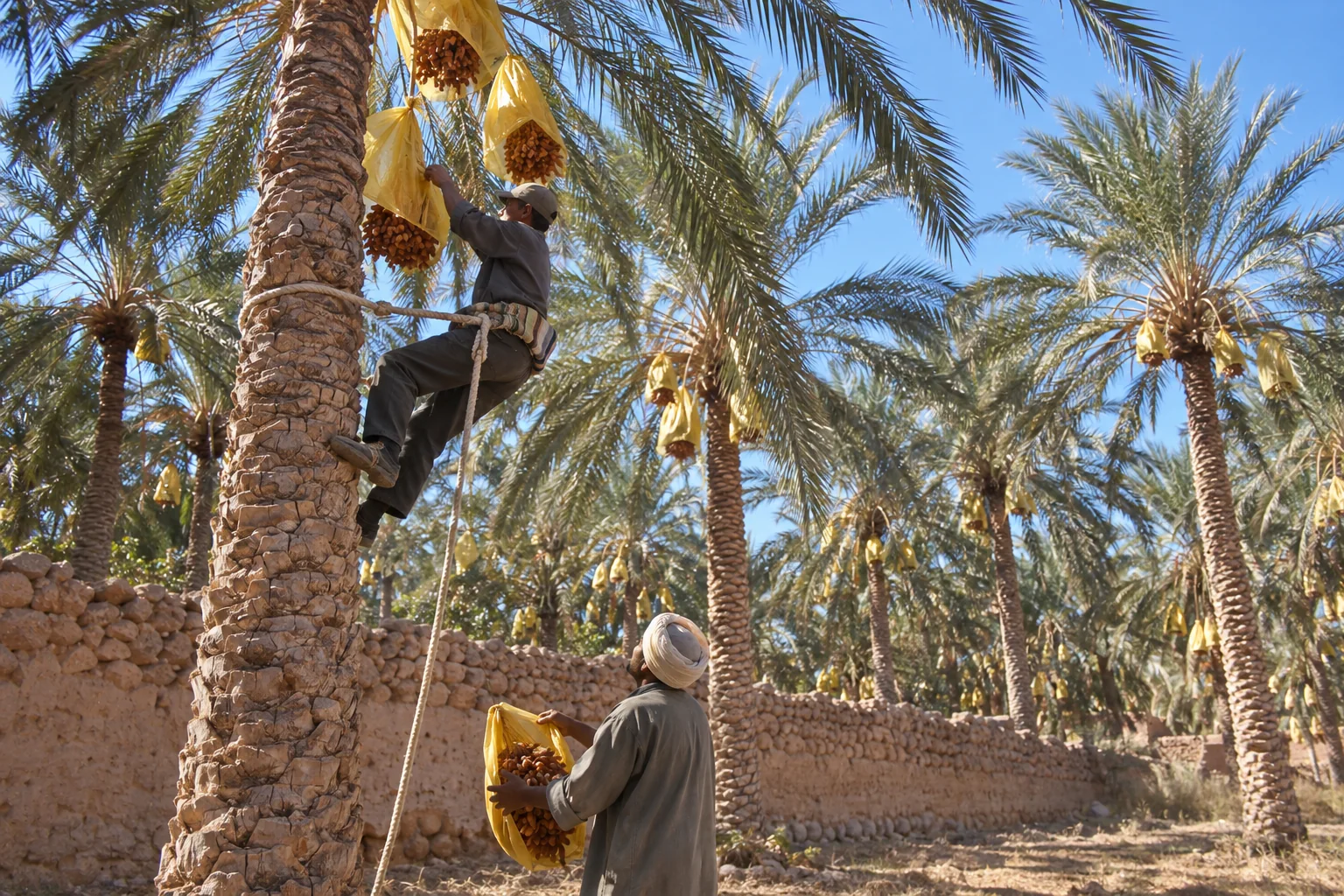 Une récolte de dattes dans la palmeraie de Tolga.