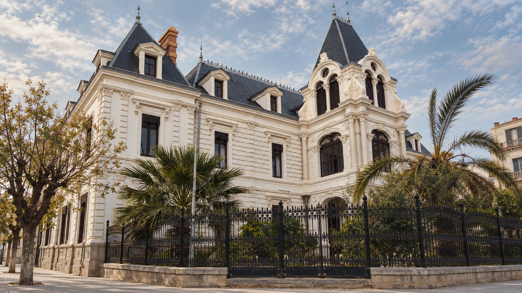 Illustration assistée par IA : Façade blanche sculptée et toitures d’ardoise de l’hôtel de ville de Sidi Bel Abbès, derrière une grille et des palmiers