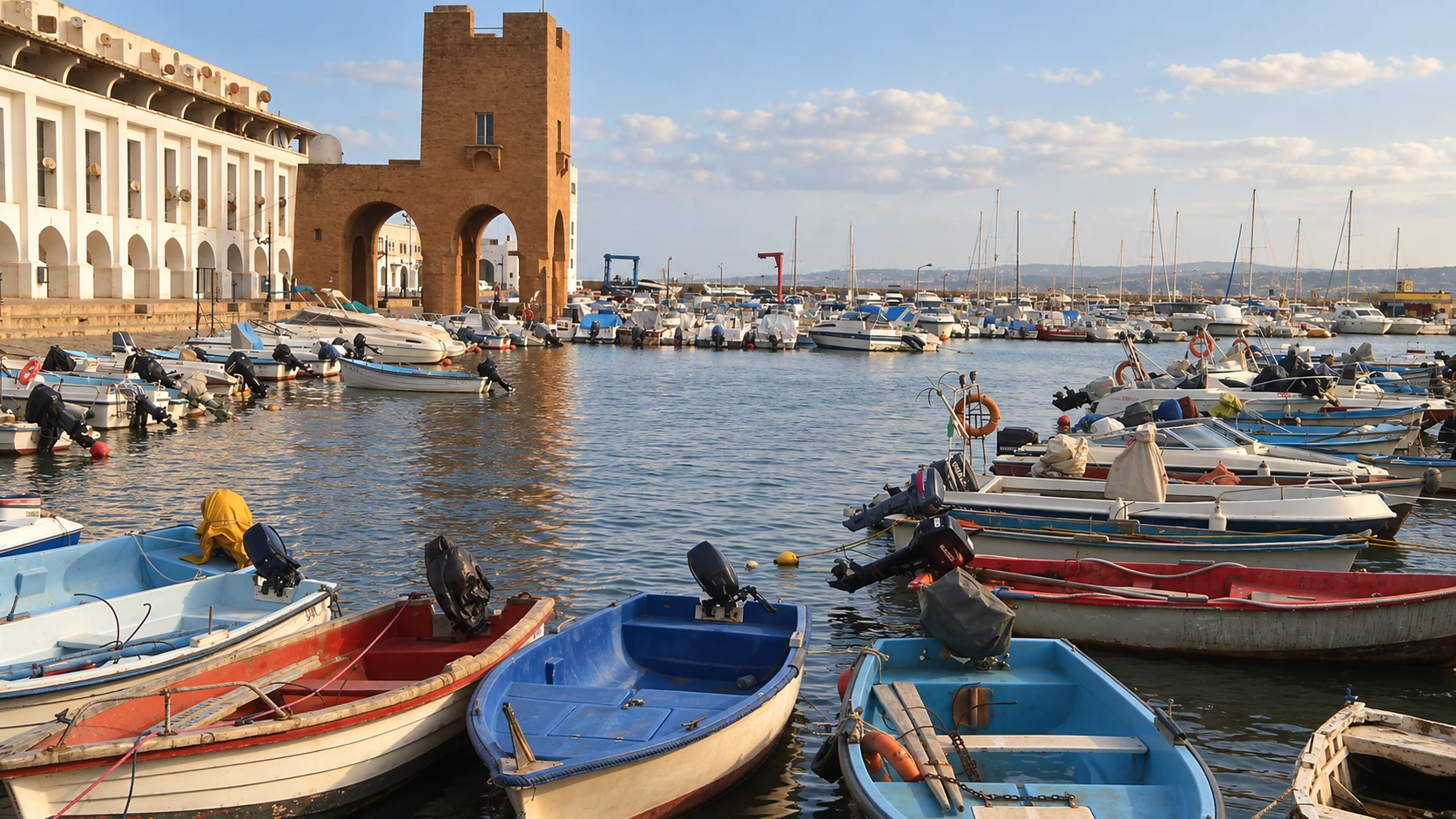 Illustration assistée par IA : Barques colorées du port de Sidi Fredj devant la porte ocre à deux arches et les arcades blanches.