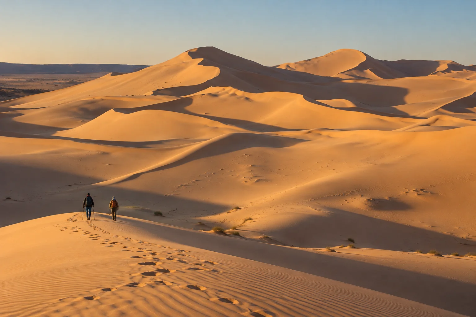 Deux marcheurs vus de dos sur une crête des grandes dunes de Taghit.