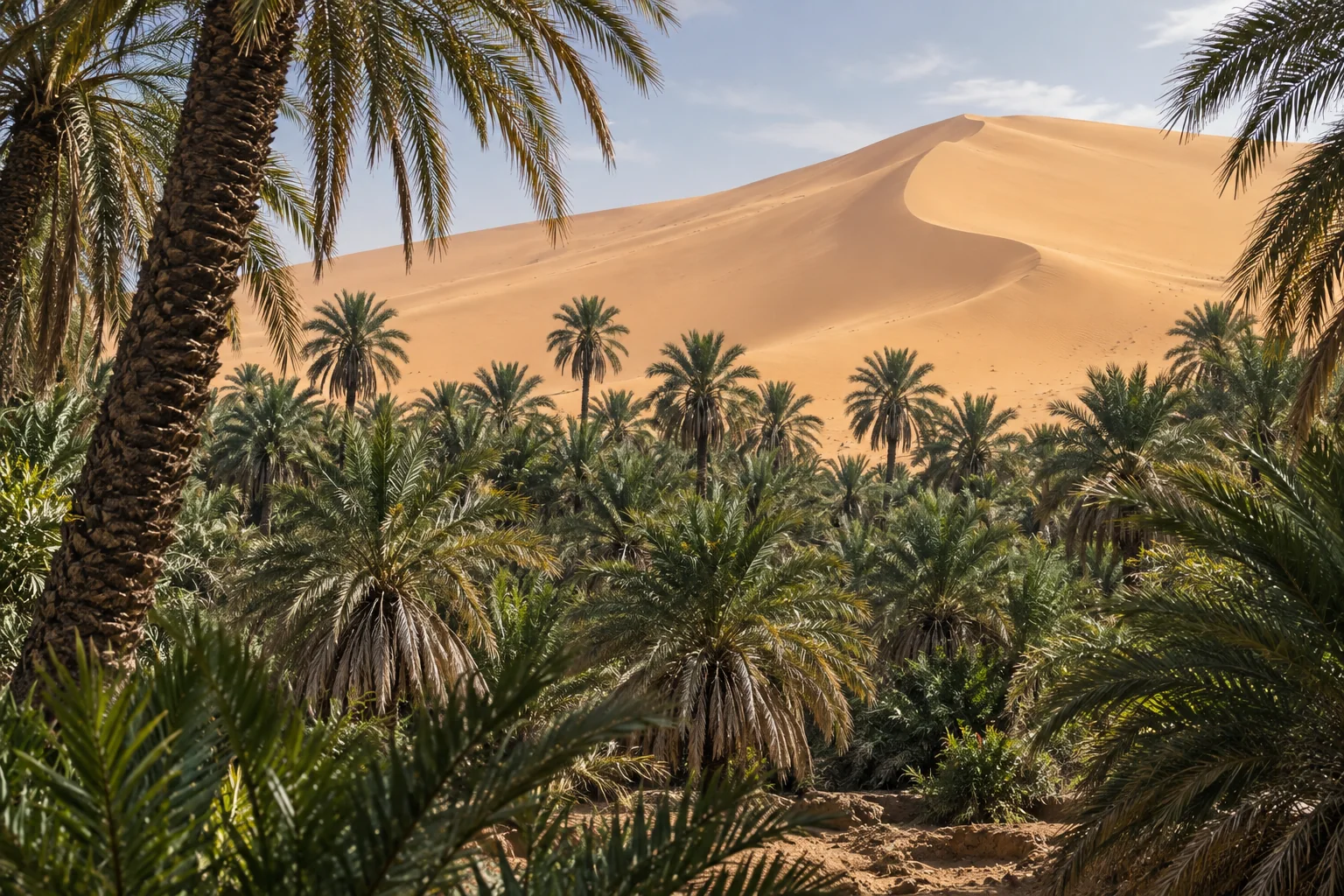 Couronnes de palmiers dattiers de Taghit devant la grande dune de l'erg.