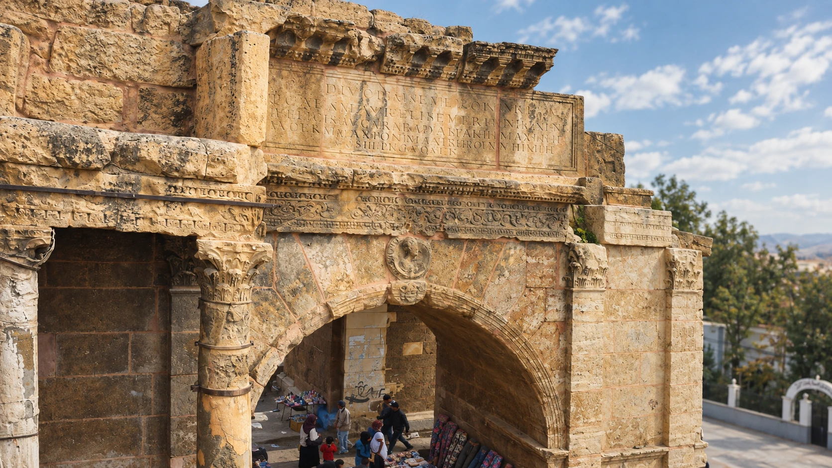 Illustration assistée par IA : Détail de l’arc de Caracalla à Tébessa, au-dessus des étals du marché