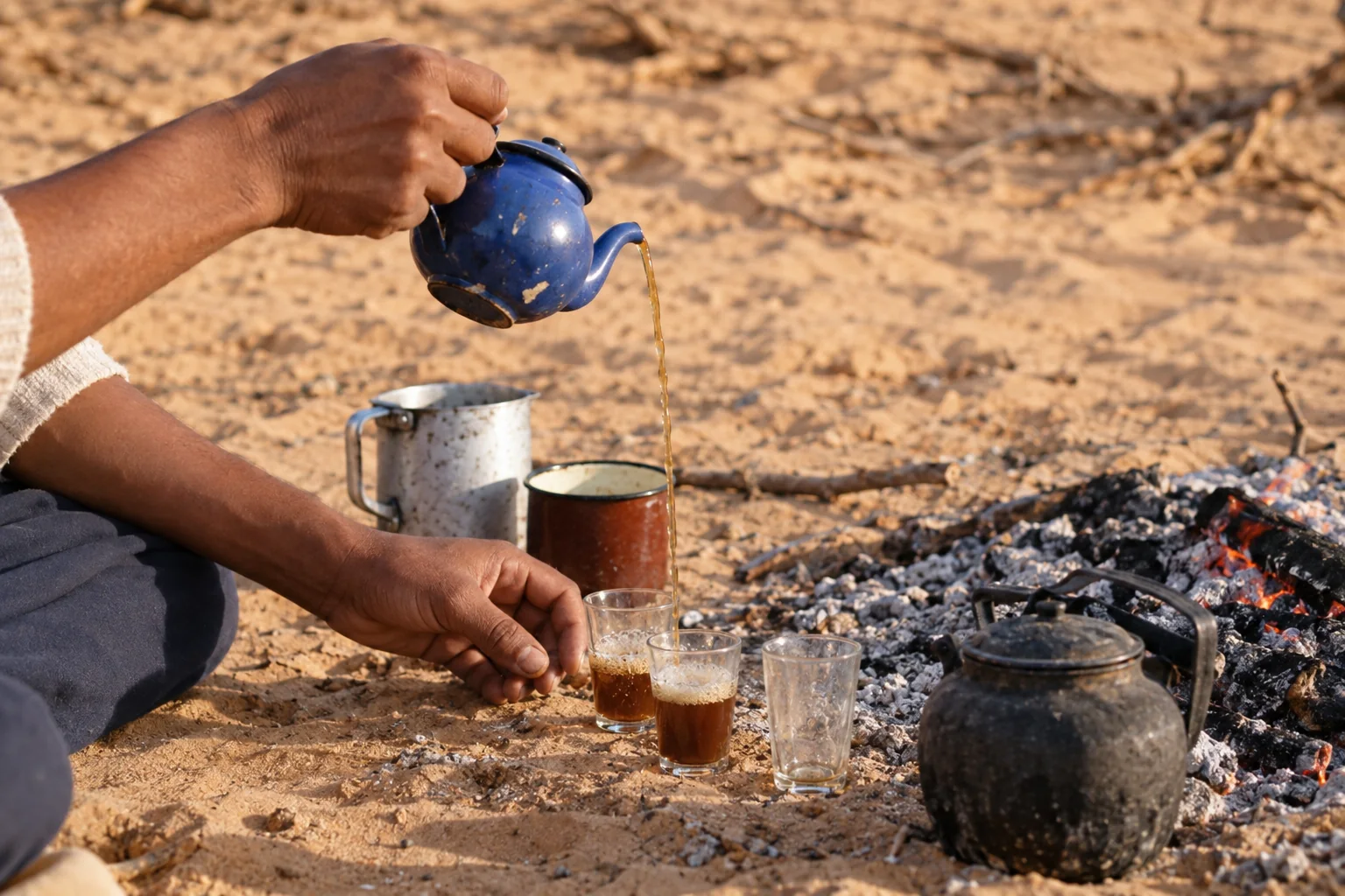 La préparation du thé au camp dans l'Oued Samene, dans le Tassili n'Ajjer.