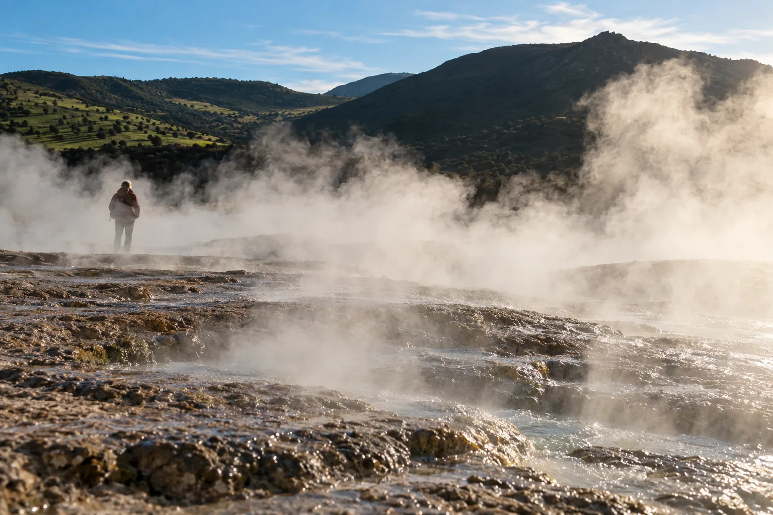 La vapeur des sources chaudes de Hammam Meskoutine avec un visiteur en arrière-plan.