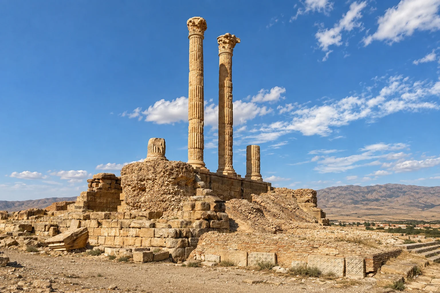 Les deux grandes colonnes encore dressées sur les ruines du Capitole de Timgad.