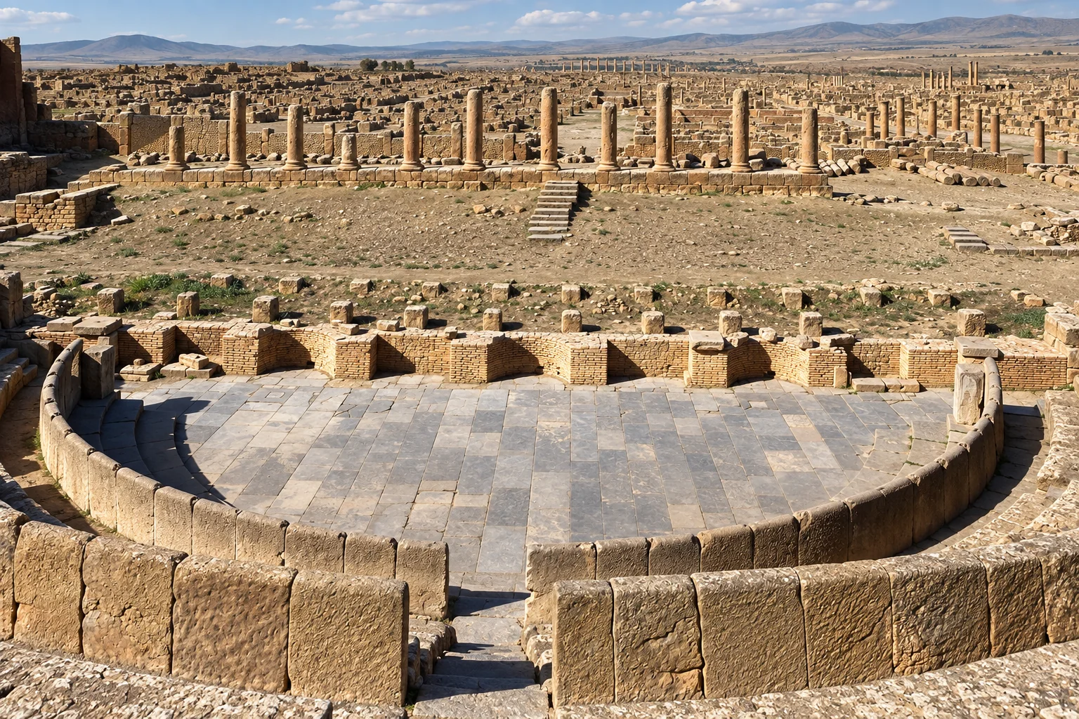 Vue de l'orchestre pavé et des colonnes ruinées du théâtre romain de Timgad.