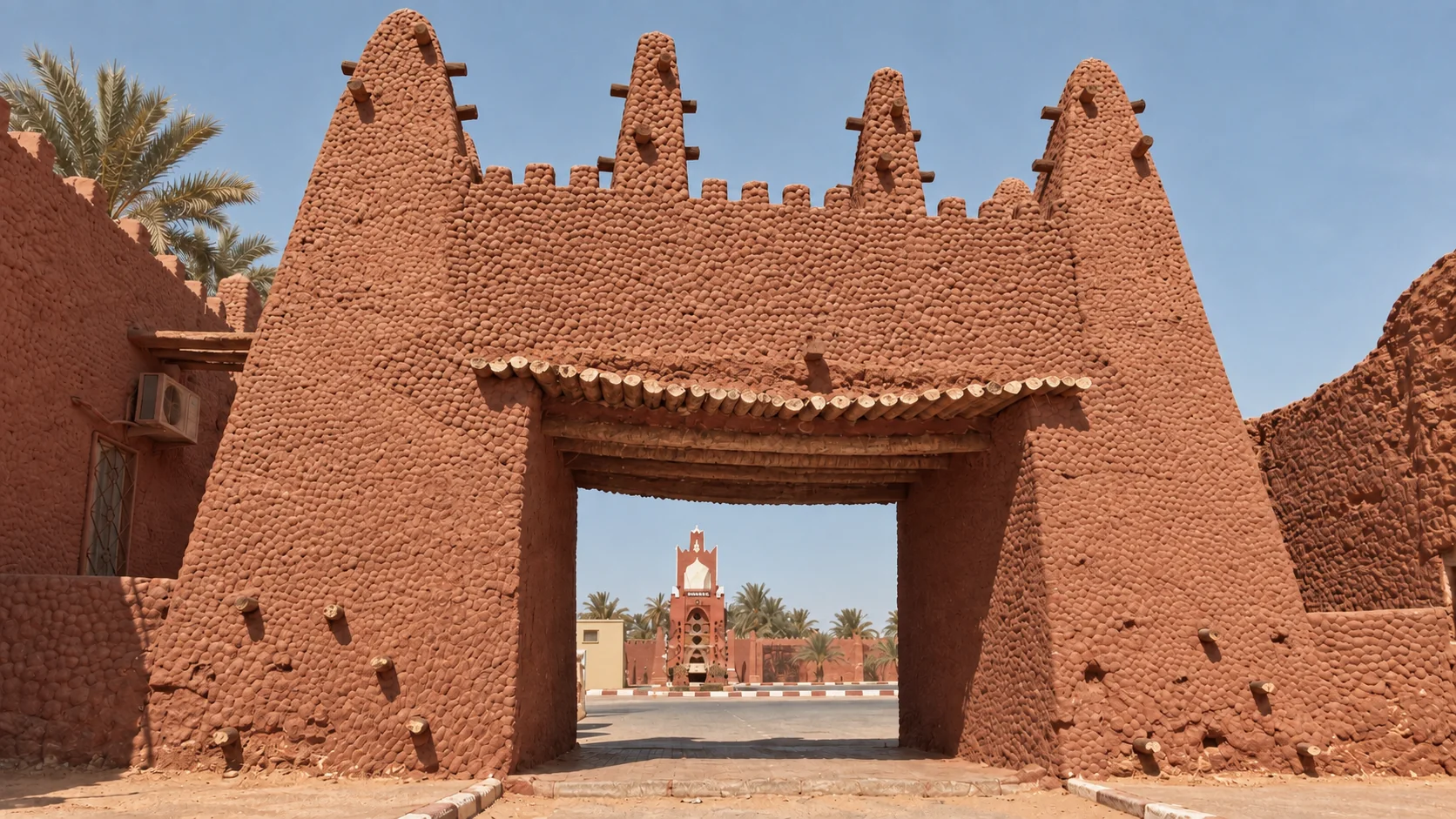 Illustration assistée par IA : Porte Bab al-Sudan en terre rouge à Timimoun, vue rapprochée sur son arche et la place derrière.