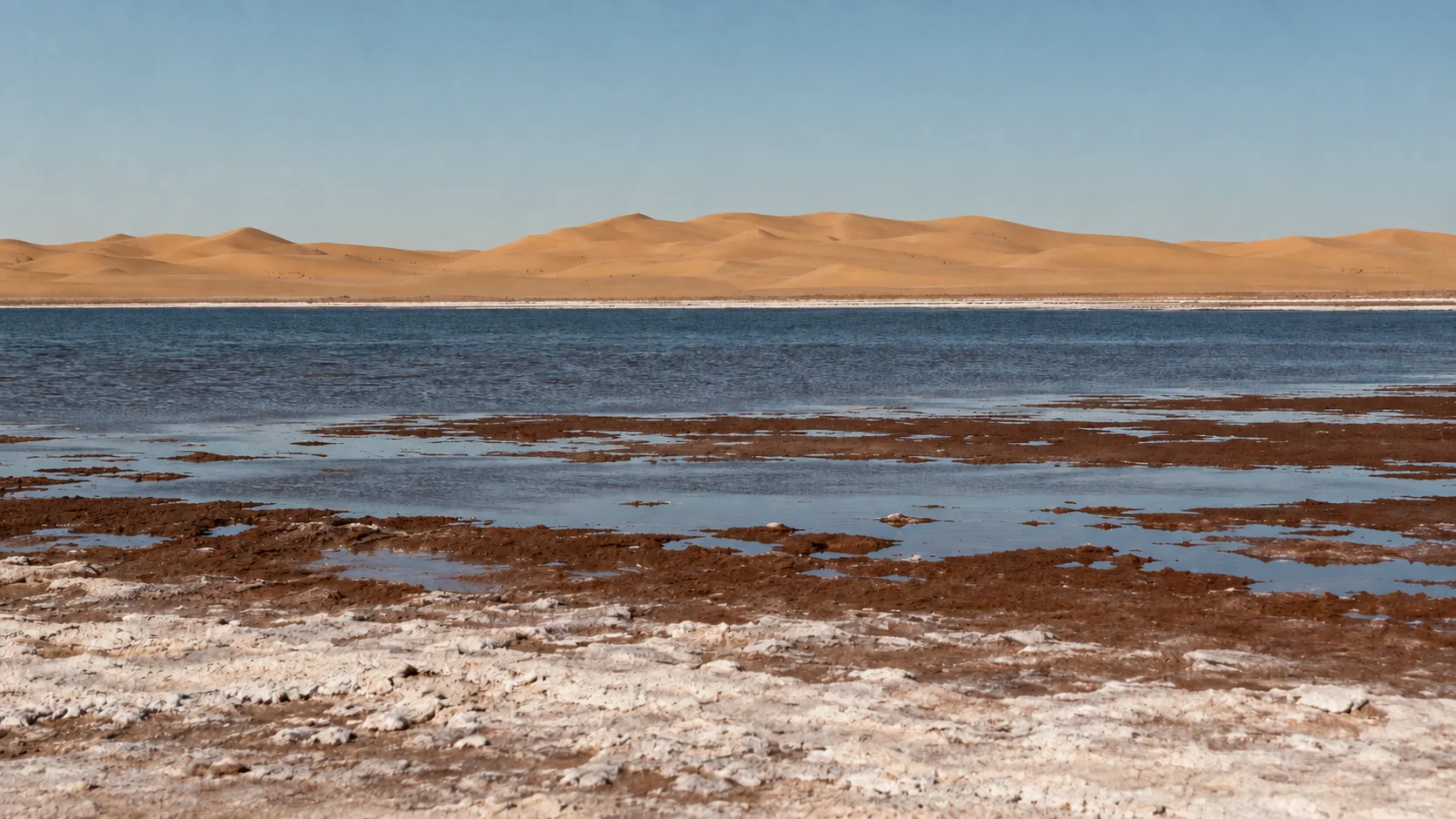 Illustration assistée par IA : Eau peu profonde et croûte de sel de la sebkha de Timimoun, avec les dunes à l’horizon.
