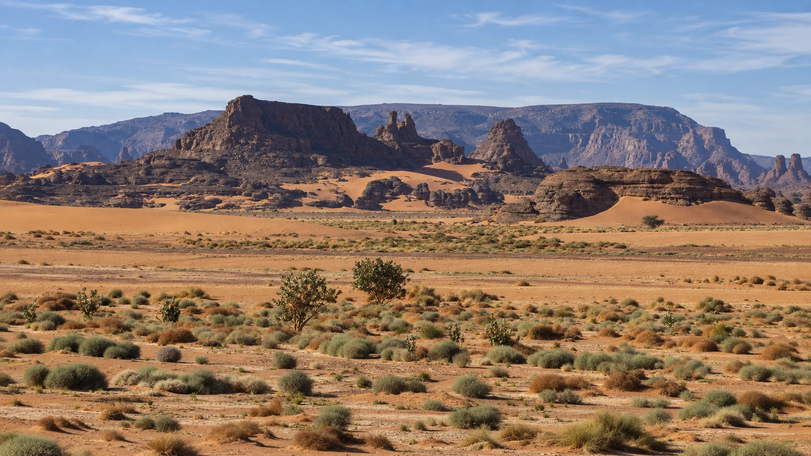 Illustration assistée par IA : Végétation clairsemée, sable orangé et reliefs rocheux de Tin Merzouga dans la Tadrart Rouge