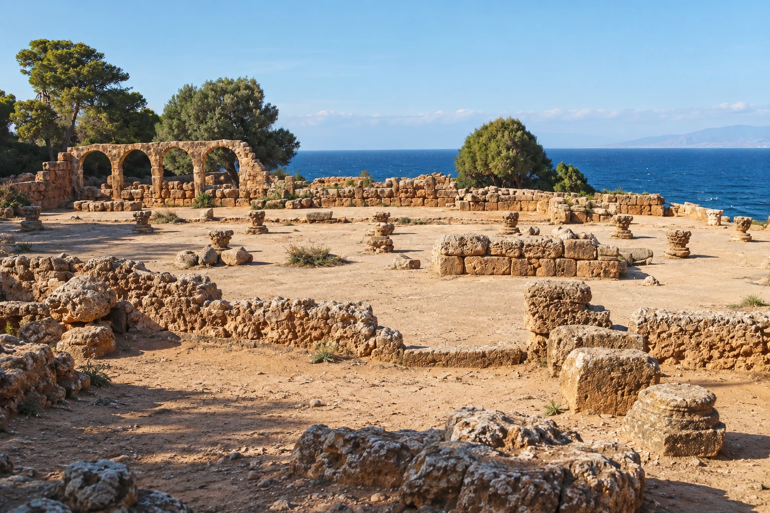 Vue des quatre arches et des vestiges de la grande basilique chrétienne de Tipaza, face à la mer.