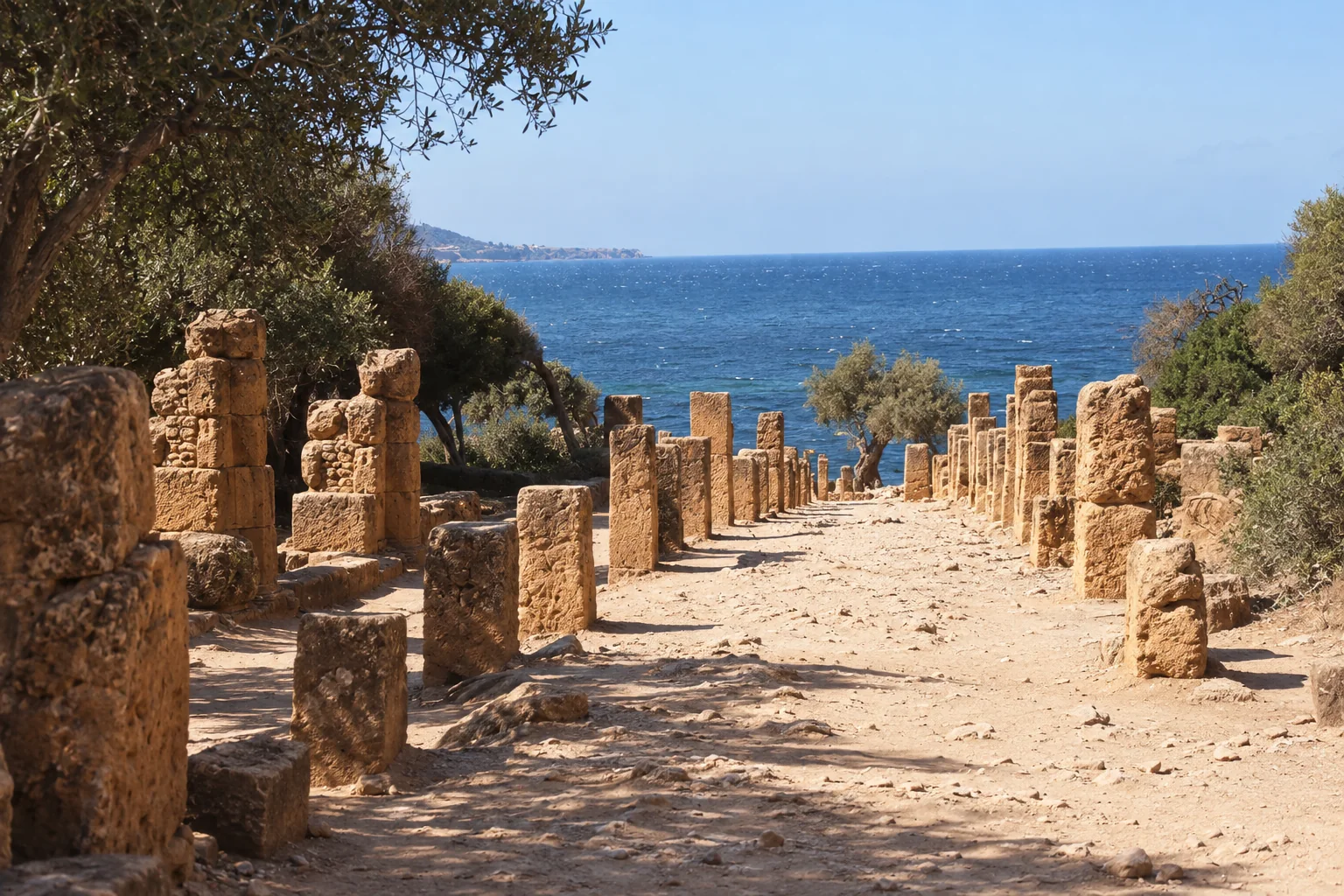 Le Cardo Maximus de Tipaza, chemin antique entre les blocs de pierre et la végétation vers la Méditerranée.