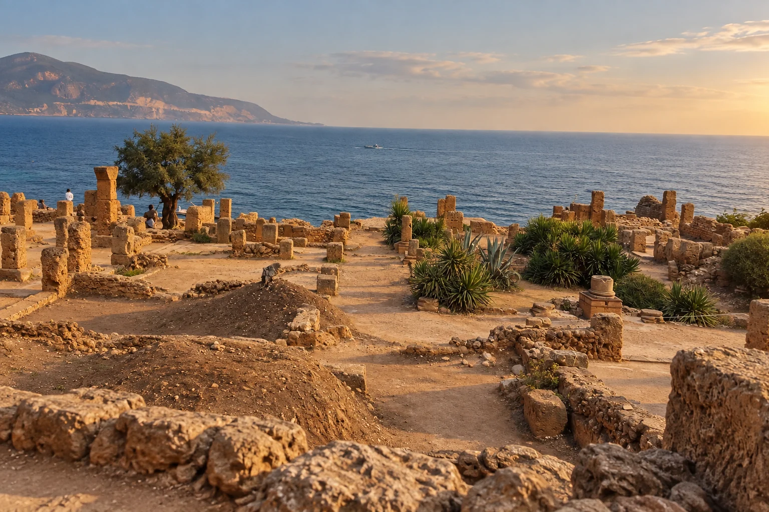 Vestiges de pierre du site romain de Tipaza face à la Méditerranée, dans la lumière de fin d’après-midi.