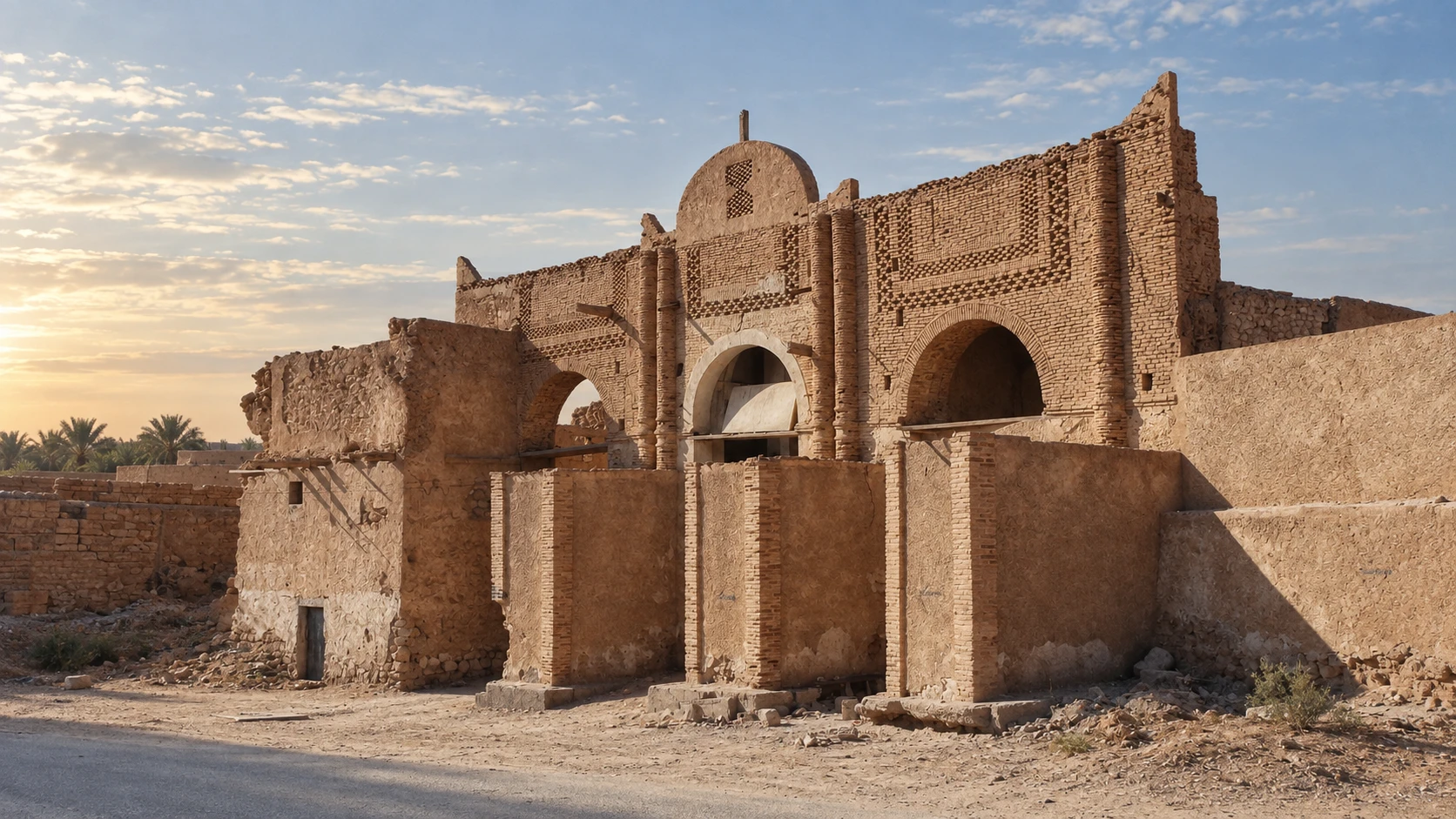 Illustration assistée par IA : Vestiges de la façade en briques du palais Ben Djellab à Touggourt, avec ses arches et son fronton arrondi