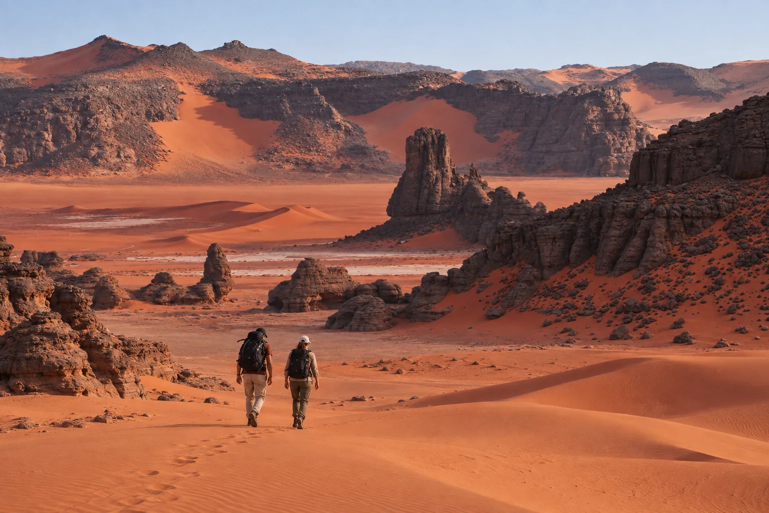 Scène de trek dans la Tadrart Rouge, avec deux marcheurs.