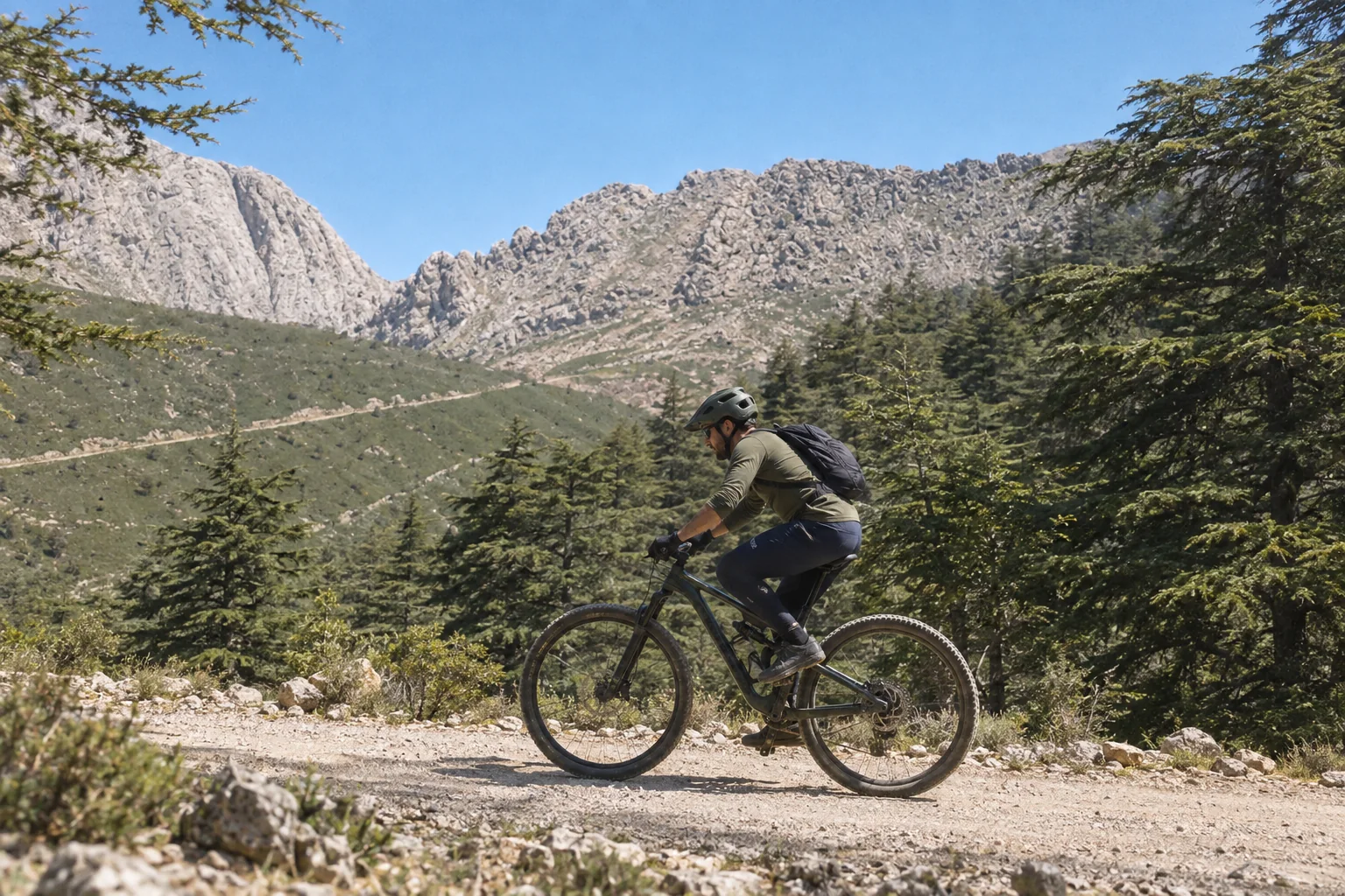 Vue rapprochée d’un cycliste en mouvement dans la cédraie de Tikjda.
