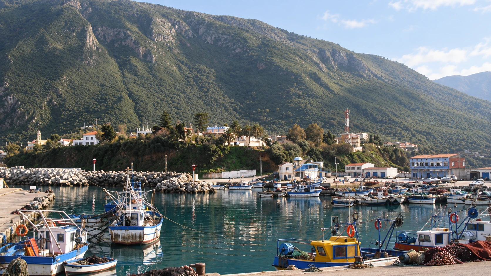 Illustration assistée par IA : Barques de pêche dans le port de Ziama Mansouriah, au pied de la montagne boisée.