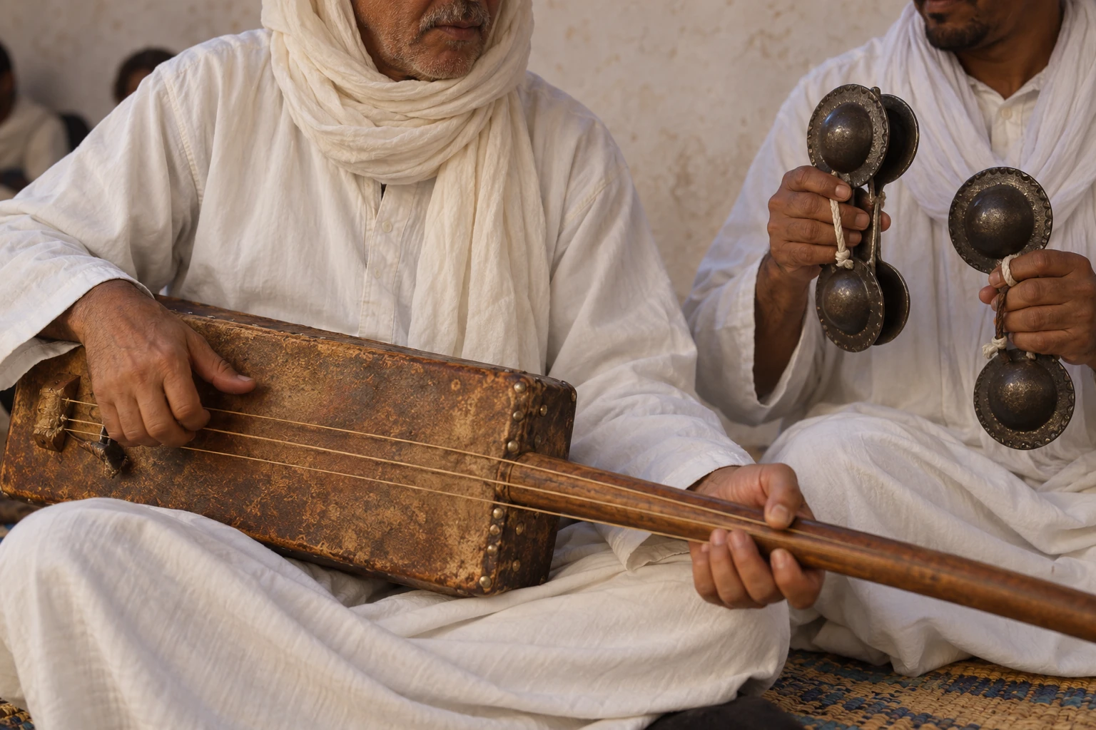 Vue d’un moment musical du diwane algérien associé à la région de Béchar : deux musiciens fictifs jouent du guembri à trois cordes et des qarqabu métalliques.