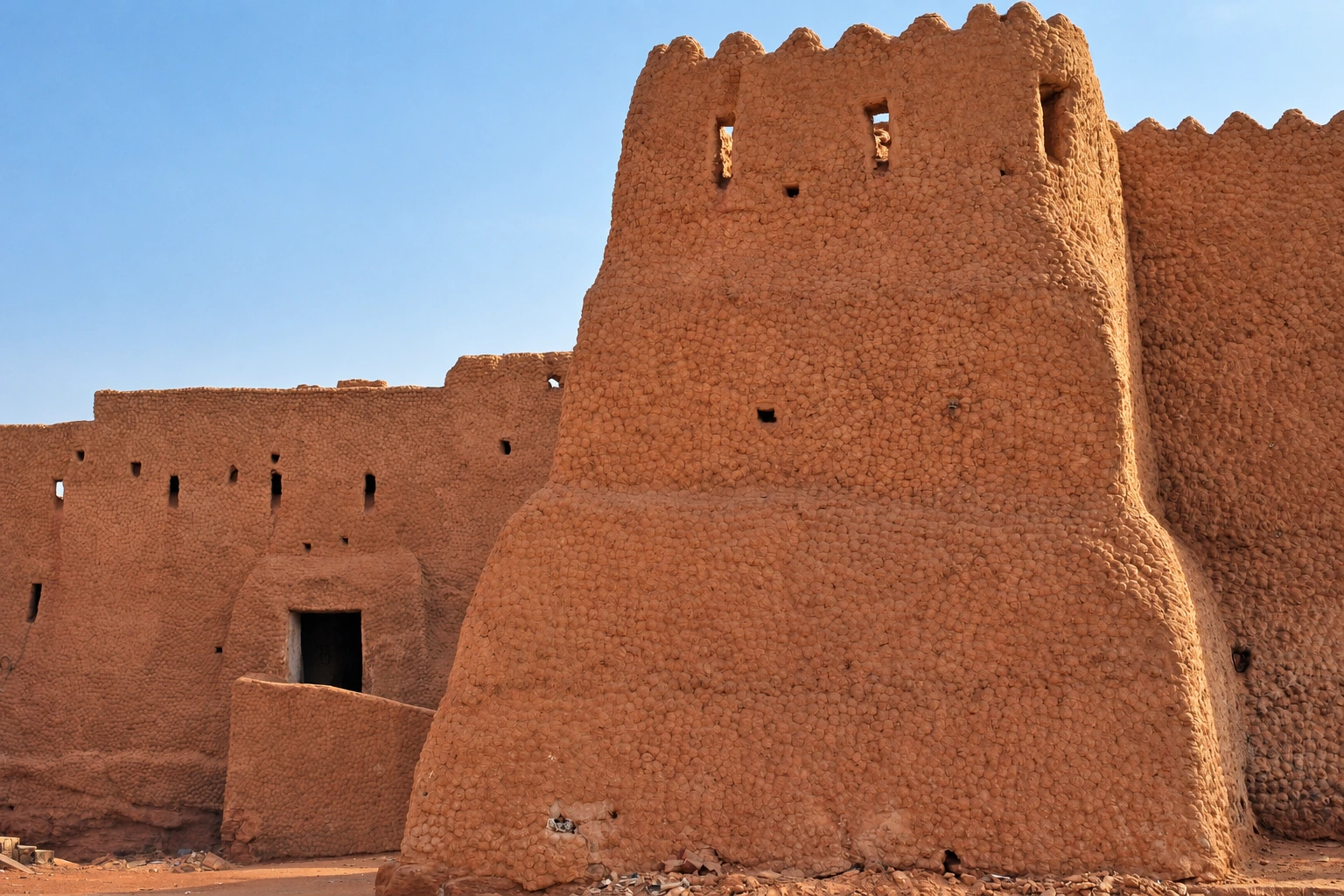 La tour et les murs de terre rouge de l’ancien ksar de Timimoun.